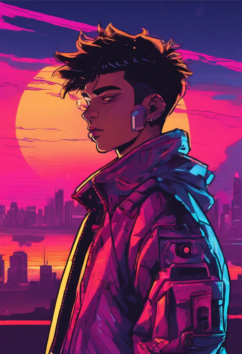 Boy, teenage, short hair, black hair, he looks at the horizon, the sunset in the background, his eyes are black