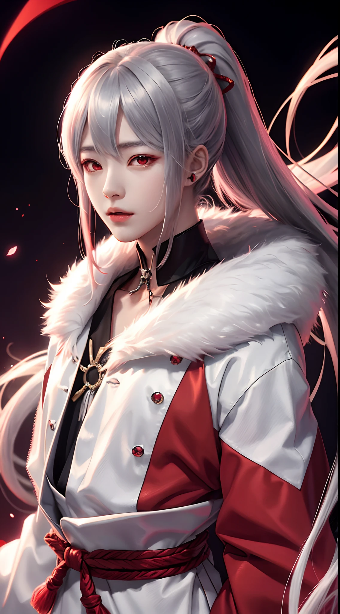 Japanese anime、Young men、silber hair、poneyTail、Deacon service、red eyes