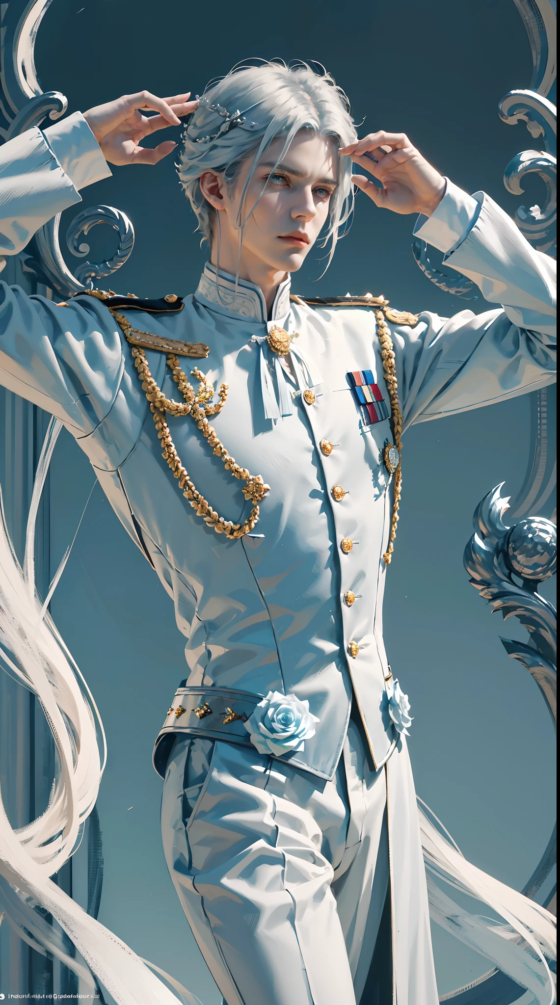 Royal man, (((elegant pose)))young noble man, silver hair, light blue eyes, tall and handsome body posture, handsome face, European nobleman, white noble uniform,  His shirt has a royal unicorn logo on it. pose holding a rose while saluting the nobleman, mansion background. HD color and balance, dark atmosphere with many effects.