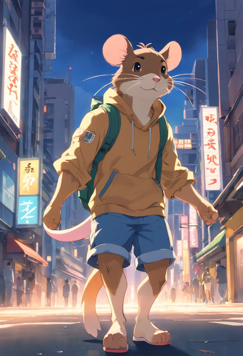 ((foto crua)), ((obra-prima)), Anthropomorphic humanoid rat wearing streetwear clothes, andando furiosamente entre as pessoas, detalhe intrincado, intricate Greebles pieces, city behind, corpo musculoso, (large muscles), muscular arms, (small head), Ogro monstruoso, Titan soft lighting, Hiper realista, soft-lighting, Ambiente sinistro