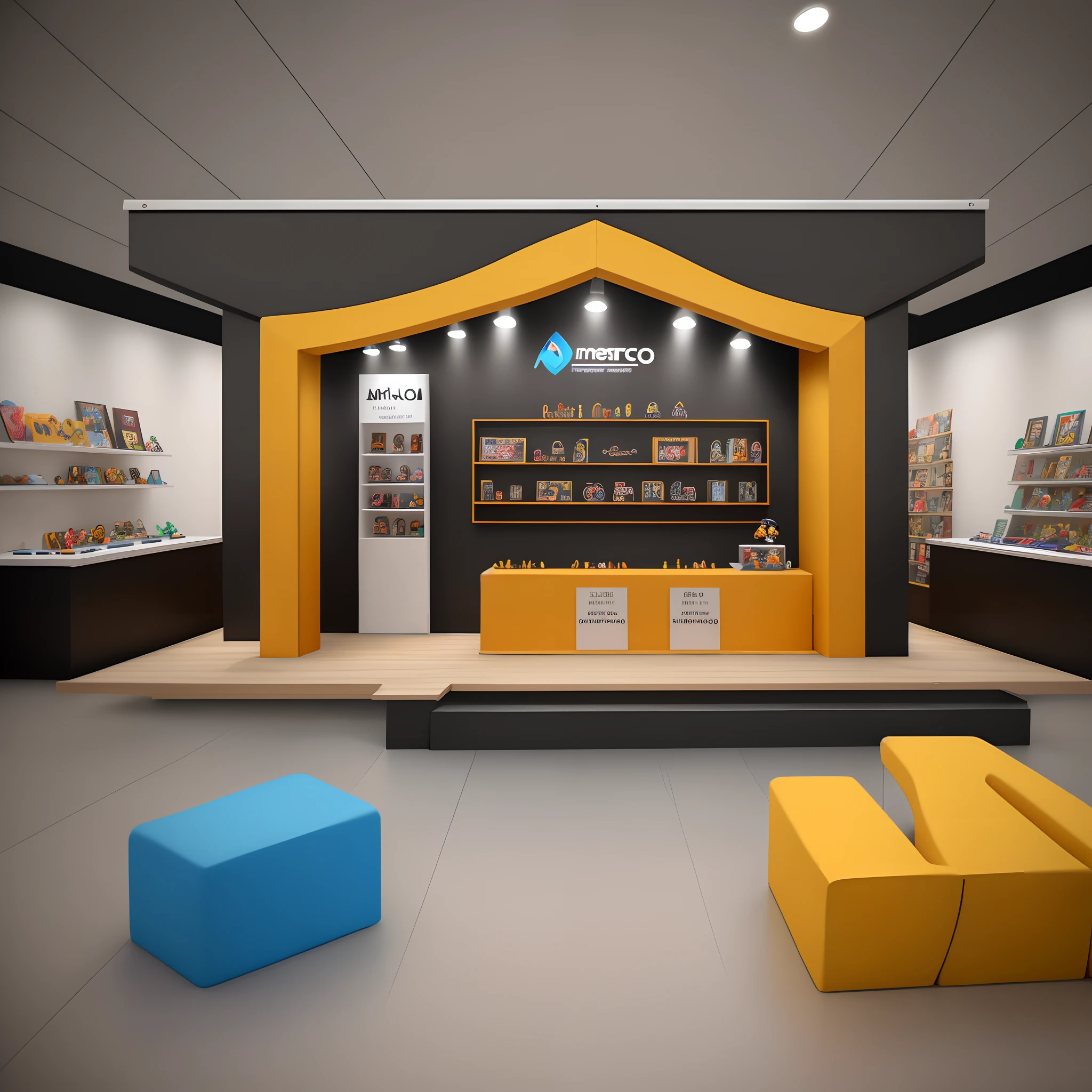 Create a booth for a trade show for the brand @mercotoys de brinquedos. The booth is rectangular in a corner of size 7 meters by 12 meters. It should have tables for negotiation and shelves to display the products. O estande deve ter formato de barco pirata e homenagem aos 30 anos da empresa