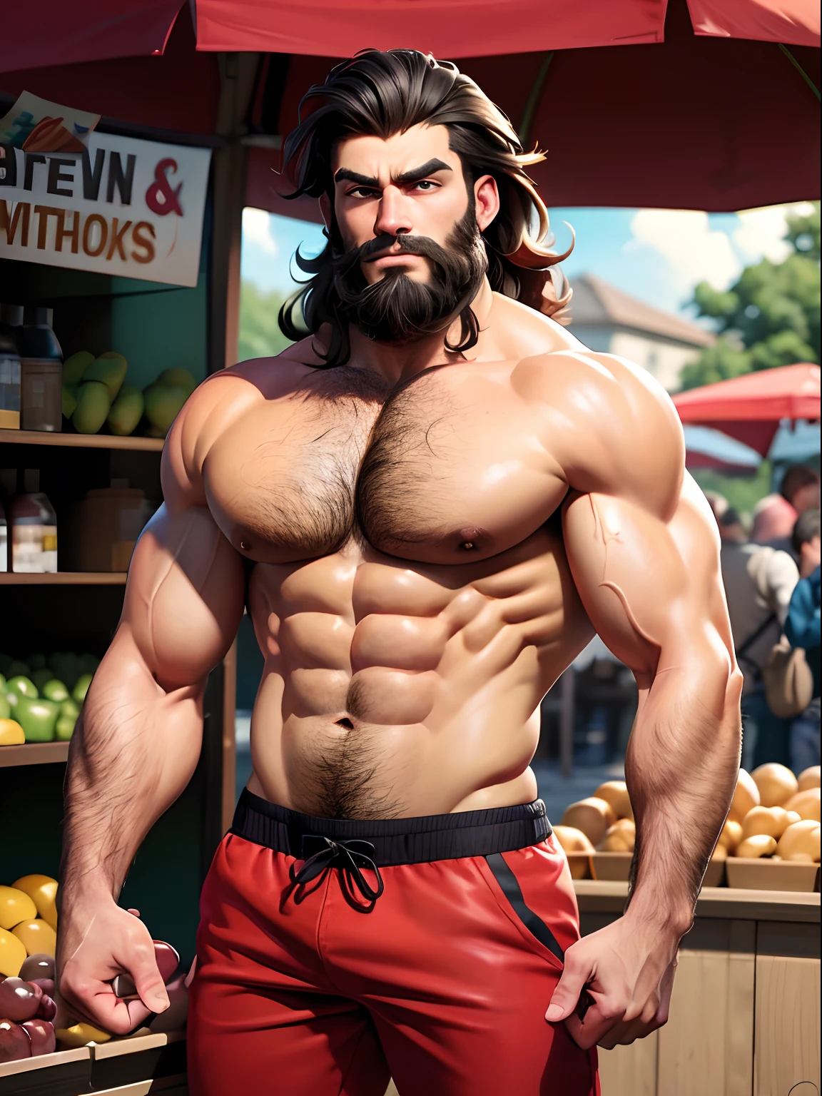 (best quality,4k,8k,highres,masterpiece:1.2),ultra-detailed,realistic,muscular bearded man,selling a dumbbell-shaped bomb,cartoon style,2D,distinct lines,shirtless,red shorts,extremely hairy chest,bulging muscles,big biceps,strong forearms,defined six-pack abs,serious facial expression,bright smile,wavy brown hair,black beard,strong jawline,green eyes,round nose,thick eyebrows,detailed lips,brown tanned skin,standing in front of a market stall,surrounded by colorful fruits and vegetables,holding the bomb with both hands,enticing customers with a confident pose,dynamic posture,backlit by the warm sunlight,casting a shadow on the ground,with a comical thought bubble above his head showing a bomb exploding with a "BOOM" sound effect,attracting attention and curiosity from onlookers of all ages,children and adults approaching the stall curiously,exclaiming and pointing at the bomb,dressed in vibrant costumes,creating a lively atmosphere,expressive gestures and excited facial expressions,showcasing the energy and enthusiasm of the scene,colored in bright and vibrant hues,contrasting with the character's strong muscular physique,adding a sense of playfulness and fun to the artwork,vividly capturing the cartoonish essence of the scene.
