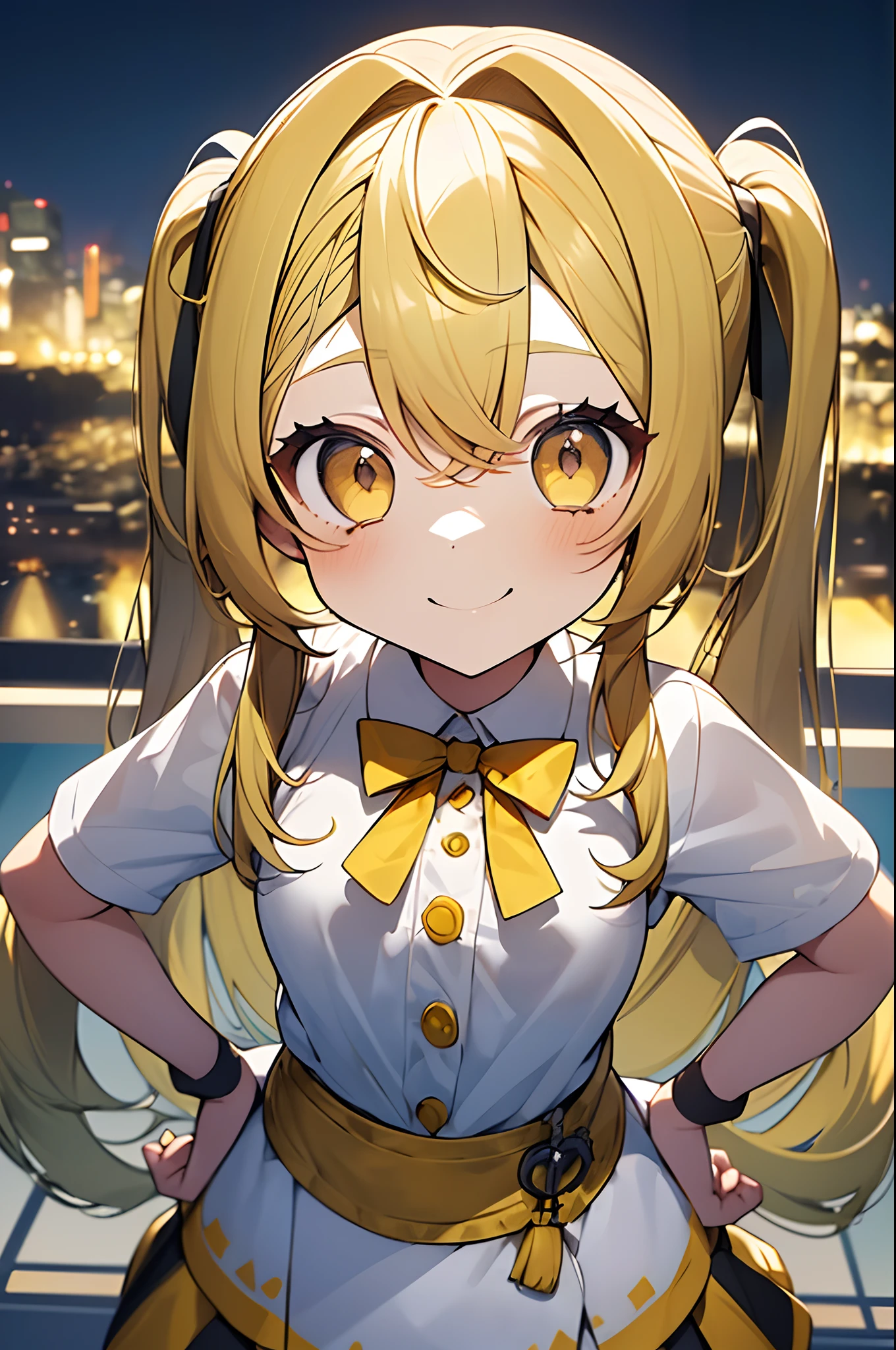 1girl. yellow hair.long hair.twintails.short stature. small breast.white t-shirts.skirt. (((masterpiece))).(((best quality))).)((ultra-detailed))).(((illustration))). (((put your hands on your hips))).(((night view))).look from above.smile.