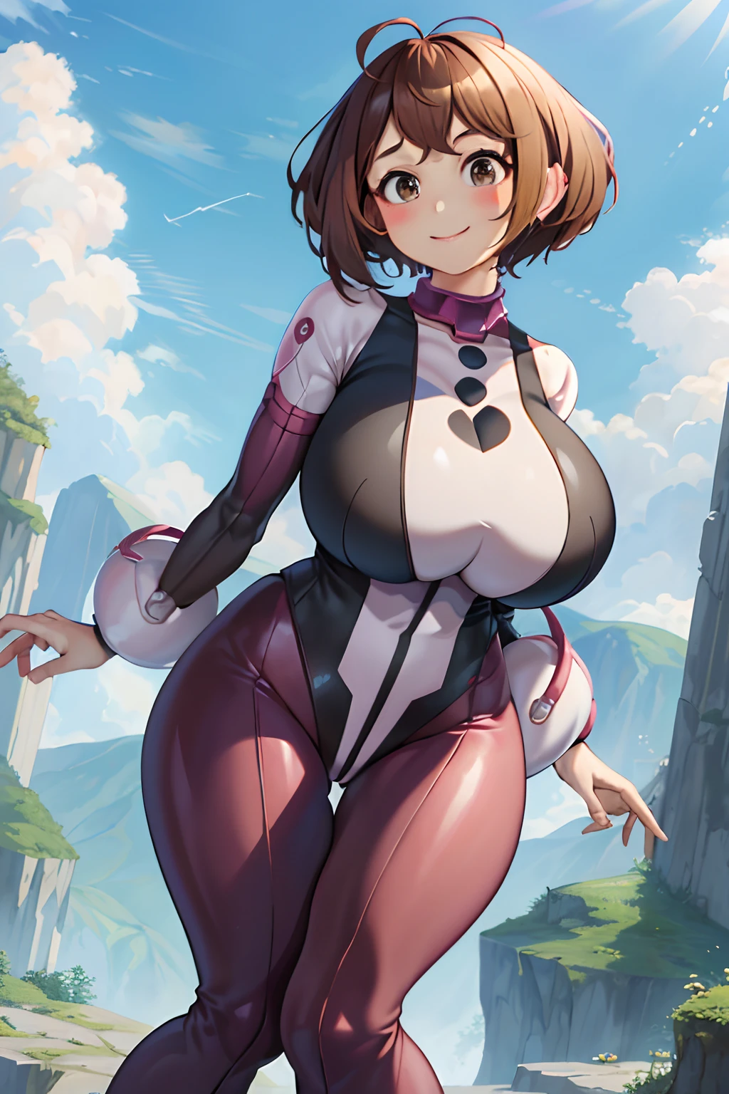 masterpiece, best quality, highres, hmochako, blush stickers, short hair, (((pixie cut 1.6))), huge breasts, superhero, bodysuit, boots, sky, building, mid air,  hand on hip, wide hips, thick thighs ((curvy)), latex suit, sexy, smile, sensual, (((mature female 1.5))), PBR textures, levitating