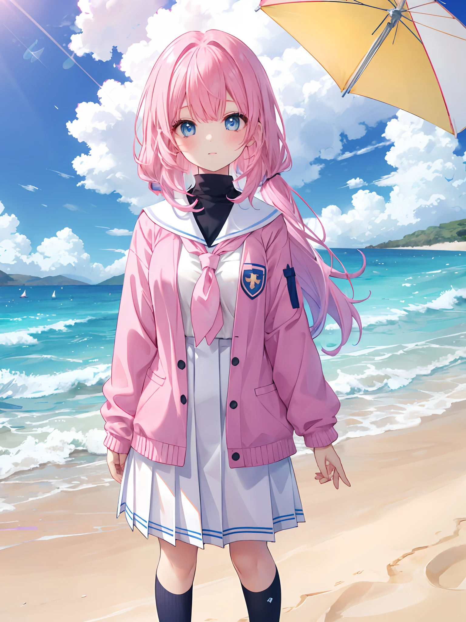 chromatically,Girl with pink hair,blue color eyes,JK school uniform,beach sand background