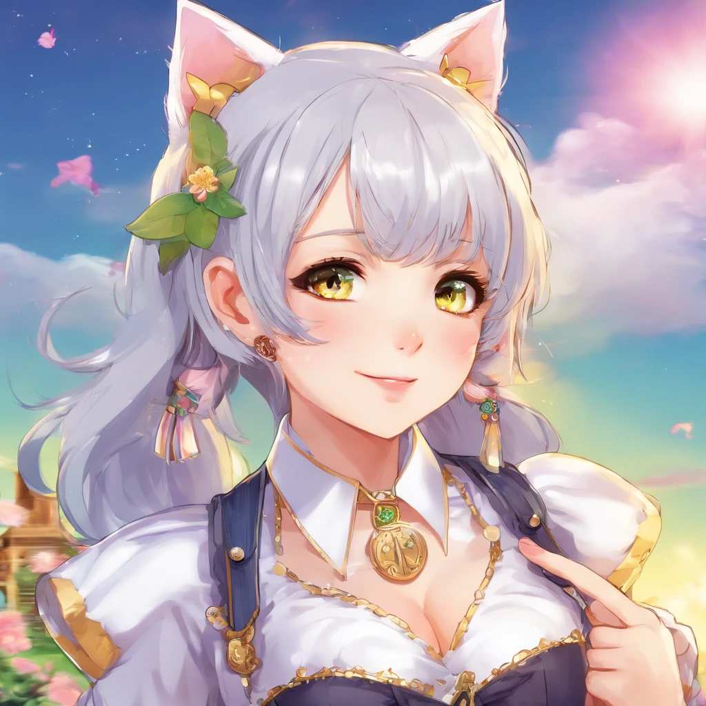 Girls, Gray-haired, short-haired, yellow eyes, Small breasts, cat hair ornament, side locks, Gray-haired, Shiny hair, uniform, (Golden Eyes: 1.2), (2 long triangular extensions at skirt.., The best corset for the stomach), White buttons on vest corset, (Short sleeve strip shirt under vest corset), (Sleeves end close to the arm), (thick ribbon of black color on the neck,,,), ( Short Magenta Skirt),