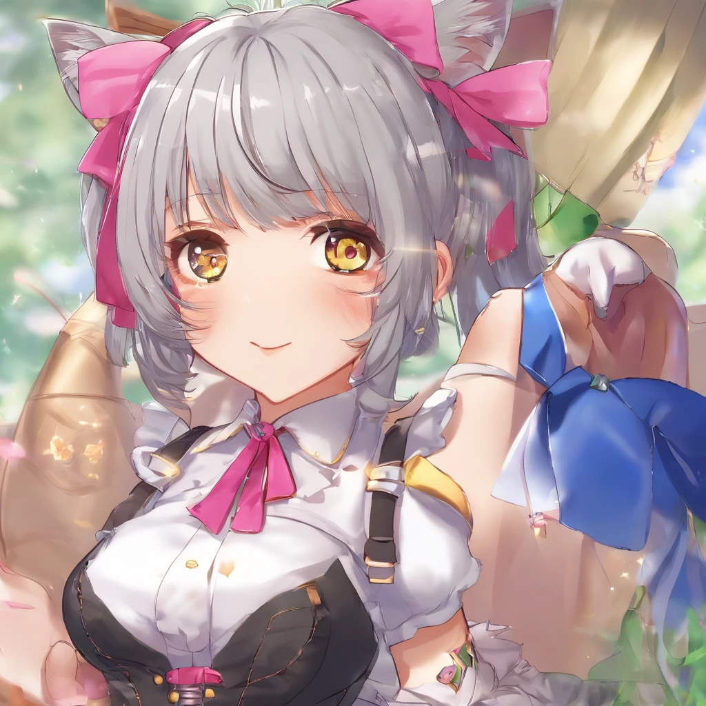 Girls, Gray-haired, short-haired, yellow eyes, Small breasts, cat hair ornament, side locks, Gray-haired, Shiny hair, uniform, (Golden Eyes: 1.2), (2 long triangular extensions at skirt.., The best corset for the stomach), White buttons on vest corset, (Short sleeve strip shirt under vest corset), (Sleeves end close to the arm), (thick ribbon of black color on the neck,,,), ( Short Magenta Skirt),