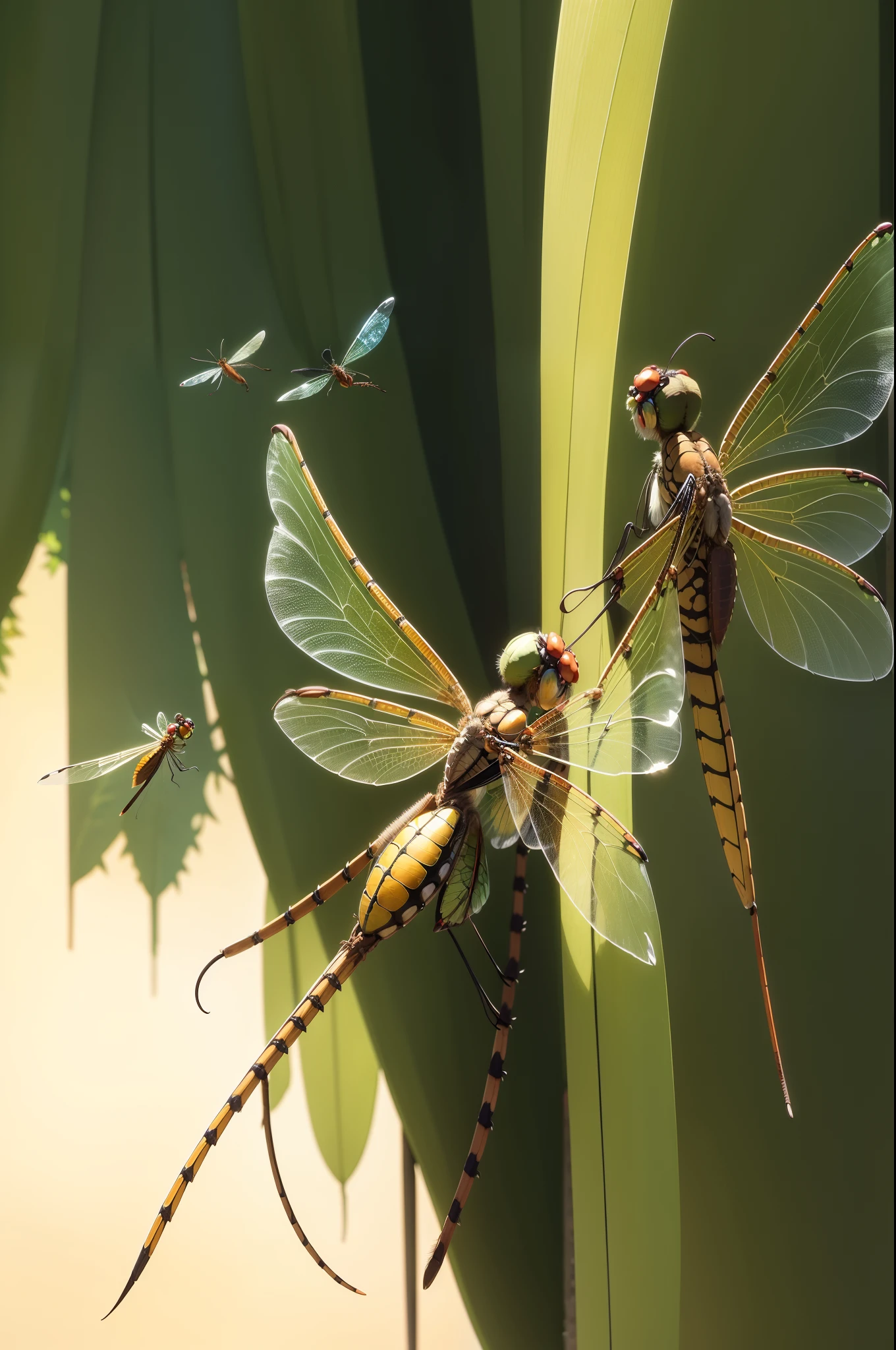 Two dragonflies are perched on top of the flower, Winged insects and stems, a dragonfly, Large leaves and large dragonflies, Inspired by Fernand Verhagen, Mysterious insects, translucent wings, gossamer wings, in the style of digital painting, dragonfly-shaped, Exquisite and handsome wings, Insects and birds, Artistic 4K, (((dragonfly))), dragonfly