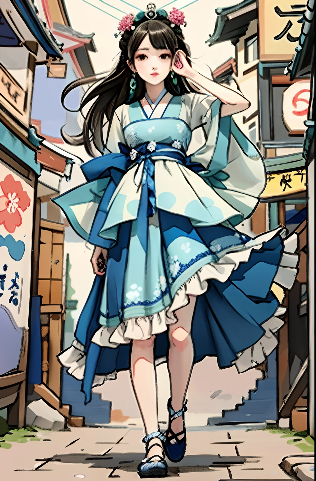 Garota anime em um vestido azul e branco andando por uma rua, No estilo de arte de Ukiyo - E, Arte conceitual tradicional japonesa, inspirado em Utagawa Hirokage, illustration Anime style, inspirado em Koryusai Isoda, inspirado em Nishikawa Sukenobu, manga painting, Alice X. Zhang, inspirado em Utagawa Kuniyoshi