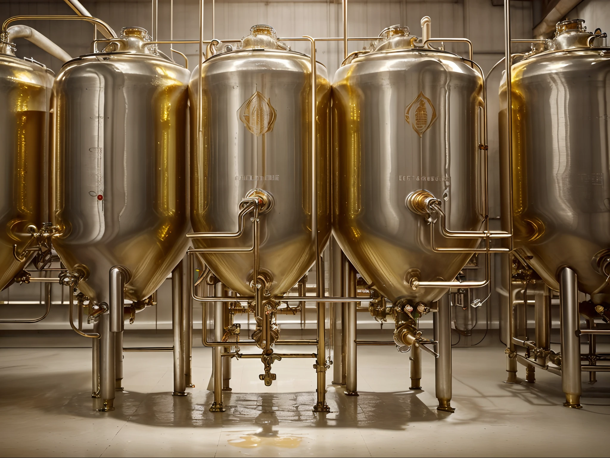 In the mesmerizing painting of a brewery's fermentation tanks, a shimmering cascade of golden bubbles fills the gleaming stainless-steel vessels. The effervescent brew exudes an inviting aroma, hinting at the delicious flavors contained within. Every detail is meticulously captured, from the intricately designed tanks to the intricate dance of bubbles rising to the surface. The image showcases the impeccable precision and artistry involved in the creation of this fine golden elixir, immersing viewers in the rich world of beer-making excellence.