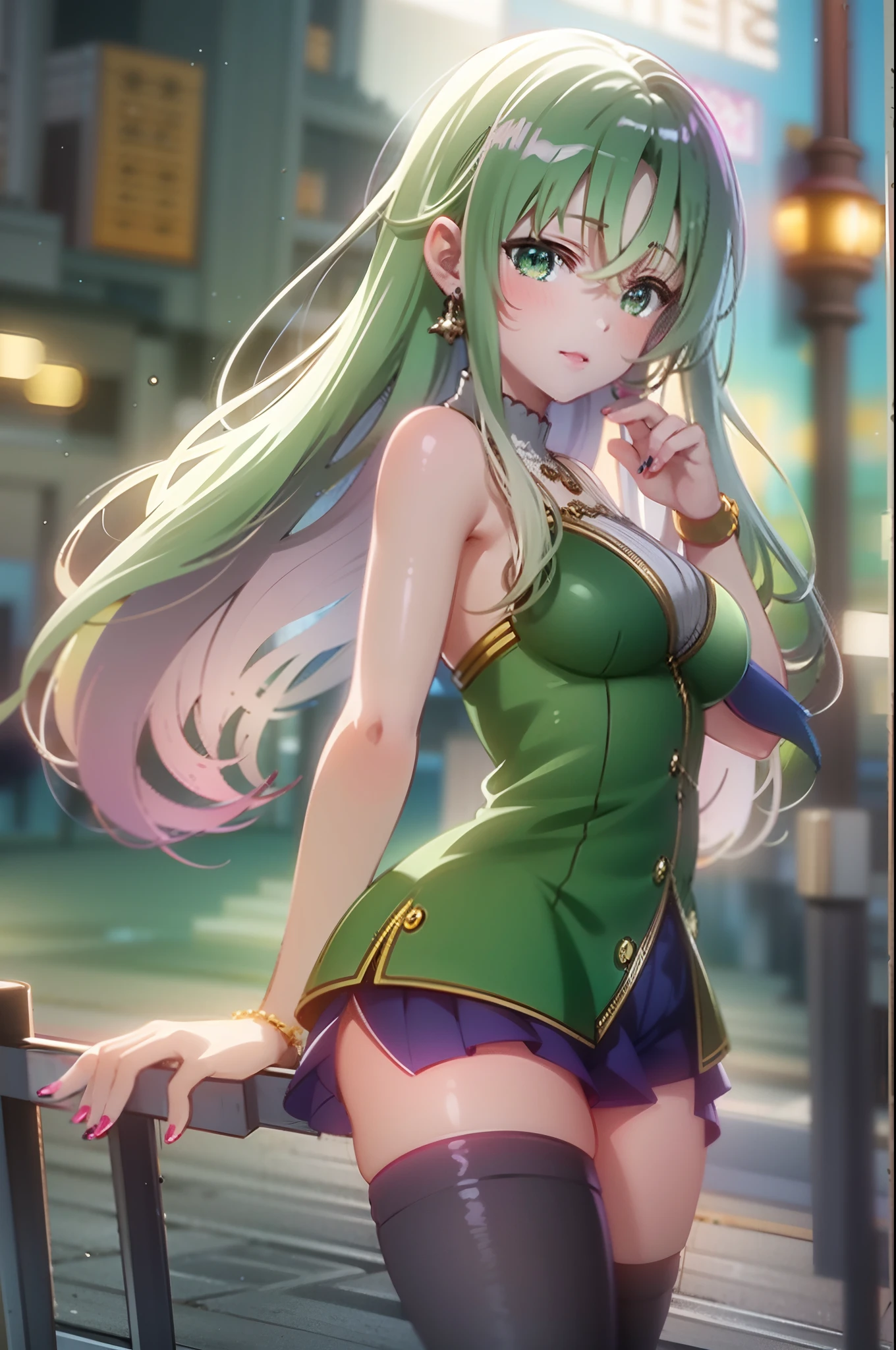 (Best quality,4K,8K,A high resolution,Masterpiece:1.2),Ultra-detailed,(Realistic,Photorealistic,photo-realistic:1.37),Anime girl posing in bikini on the street, seductive anime girls, Cute girl with anime visuals, Petite and elegant Lori, Smooth anime CG art, Top anime girls, Long haired green hair anime girl, Beautiful and seductive anime teenager, attractive anime girls, style of anime, Anime goddess, anime visual of a young woman, Anime art style from Pixiv, , Vibrant colors, Dynamic lighting