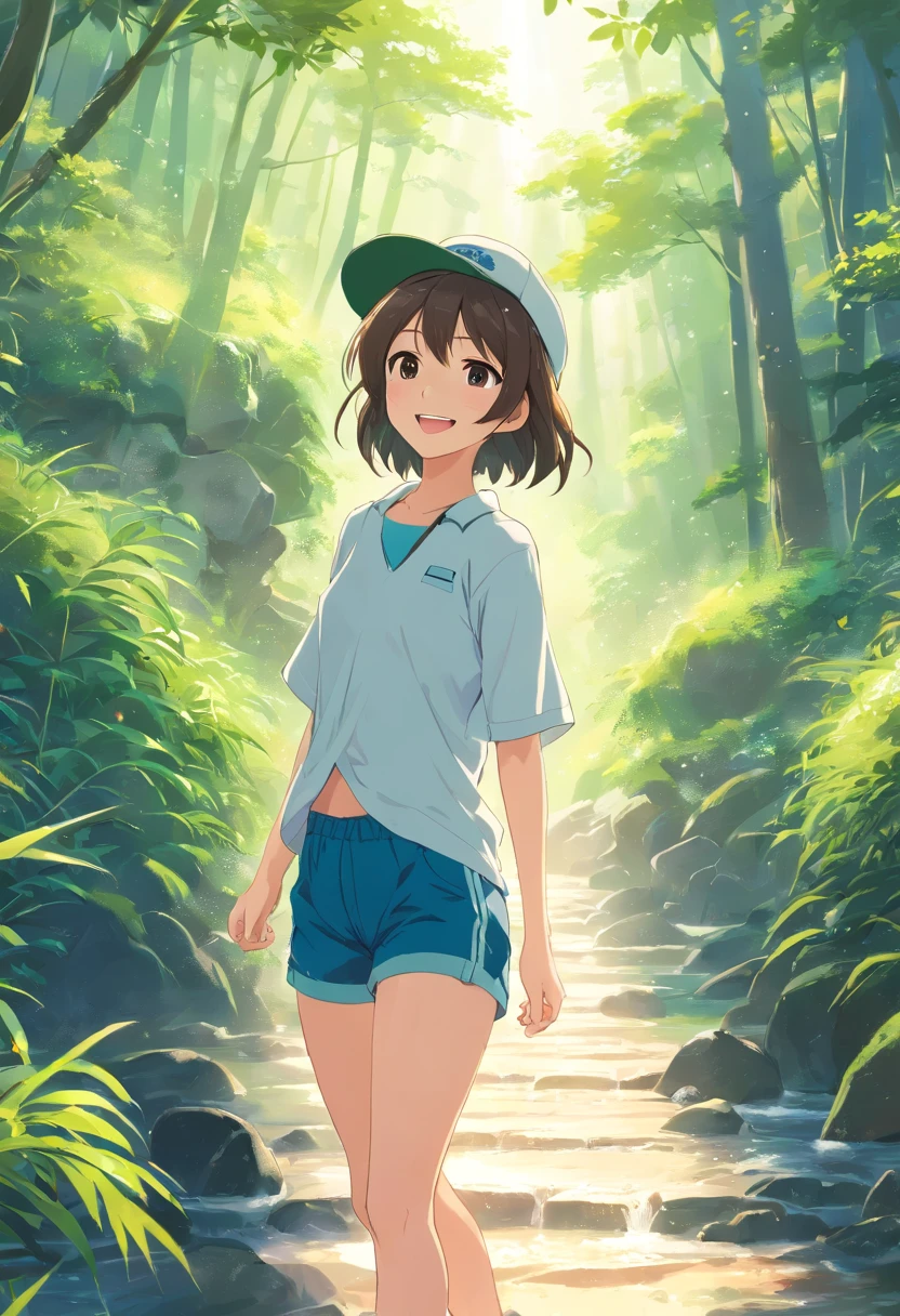 a Japanese cute girl,Big smile,white clothes,(((wearing hat:1.5))),great outdoors, plein air, Beautiful white feet and legs. rivers,Forest River Fantasy,444 Hz, Beautiful, Breathtaking, Highly detailed, 8K, Use, affectionate, Ultra photo realsisim, Scenery,(((short detailed hair:1.5))),(((Shorts are visible)))