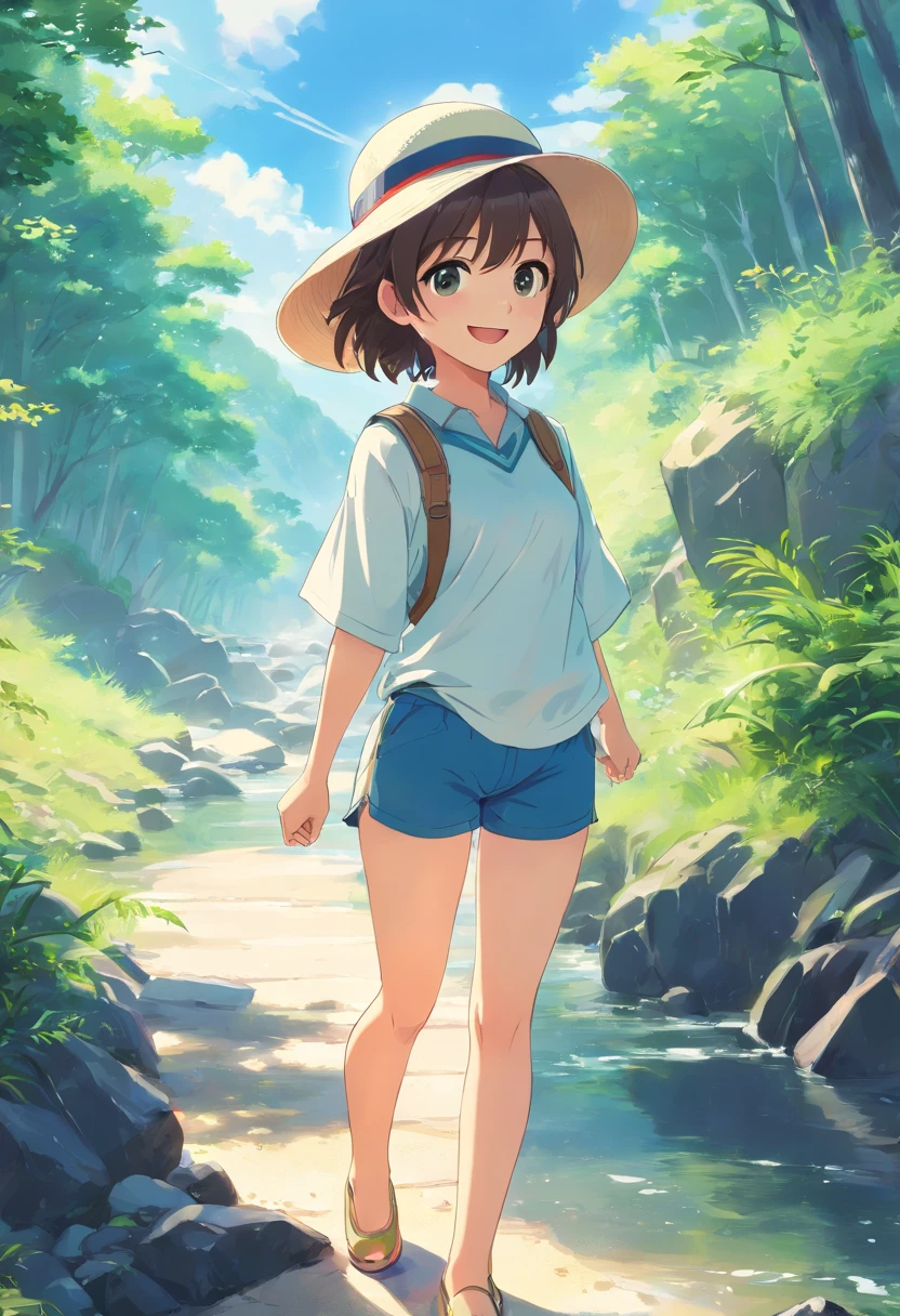 a Japanese cute girl,Big smile,white clothes,(((wearing hat:1.5))),great outdoors, plein air, Beautiful white feet and legs. rivers,Forest River Fantasy,444 Hz, Beautiful, Breathtaking, Highly detailed, 8K, Use, affectionate, Ultra photo realsisim, Scenery,(((short detailed hair:1.5))),(((Shorts are visible)))