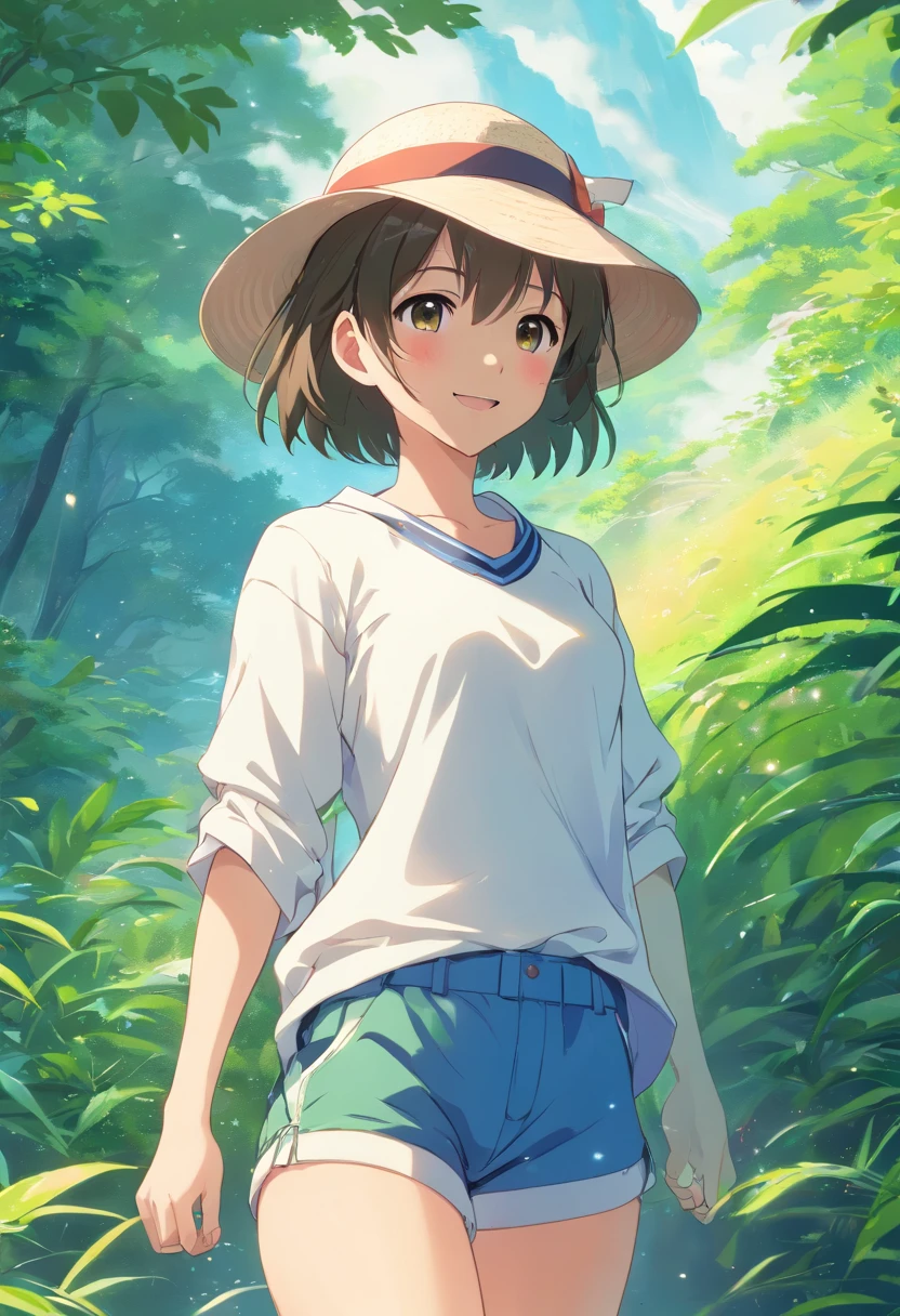 a Japanese cute girl，Big smile，white  clothes，(((wearing hat:1.5))),great outdoors, plein air, Beautiful white feet and legs. rivers，Forest River Fantasy，444 Hz, Beautiful, Breathtaking, Highly detailed, 8K, Use, affectionate, Ultra photo realsisim, Scenery,(((short detailed hair:1.5))),(((Shorts are visible)))