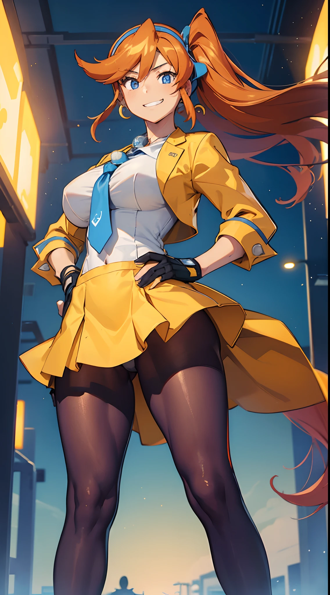 (Masterpiece, Best quality:1.2), Cowboy shot, Solo, 1girll, Athena Sykes, grin, Hands on hips, Orange hair, Open clothes, Yellow jacket, Collared shirt, a blue tie, Yellow skirt, Pantyhose, Single glove, Partially fingerless gloves, single earring, Crescent earrings, huge tit, Crotch plumping, Buttock augmentation, Fitness model