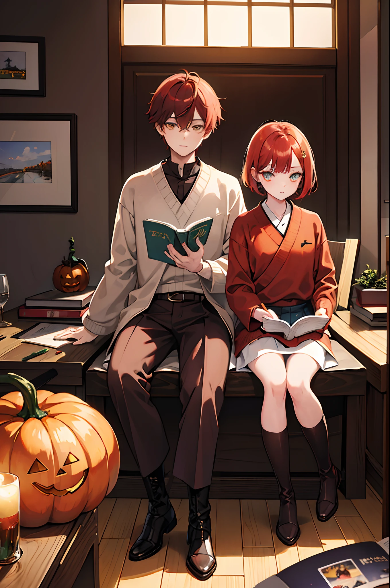 male people Red shorthair yellow eyes Sweaters Brown Slacks long boots Japanese houses Sitting in the room、Reading a book Halloween masterpiece Top image quality Clear Parts Cinematic Shadows Increased attractiveness of the eyes Clear the shine of the eyes Draw eyelashes neatly Perfect Eye A detailed eye Sharpen image quality Sharpen eye writing Clear eye shape