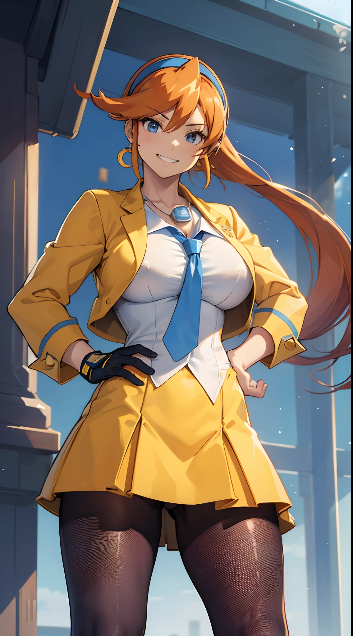 (Masterpiece, Best quality:1.2), Cowboy shot, Solo, 1girll, 20 years old, Athena Sykes, grin, Hands on hips, Orange hair, Open clothes, Yellow jacket, Collared shirt, a blue tie, Yellow skirt, Pantyhose, Single glove, Partially fingerless gloves, single earring, Crescent earrings, huge tit, Plump crotch, Buttock augmentation, Fitness model