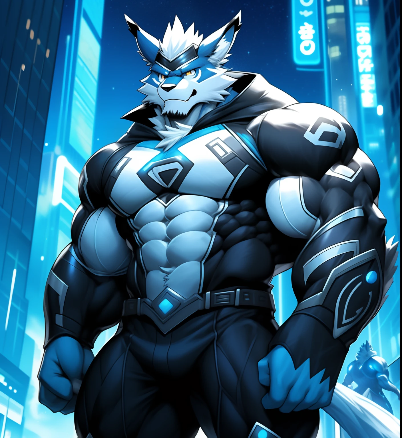 Antecedentes de la ciudad, Rascacielos, Futuristic city, Noche, Estrellas, Luces nocturnas, Leomon Gigachad, Superhero, hero, Nadaria, massive muscles, pectorales enormes, ABS cincelados, pectorales enormes, Exaggeratedly huge muscles. A furry hero whose presence inspires trust and respect. (((His hero costume is black and white.)))