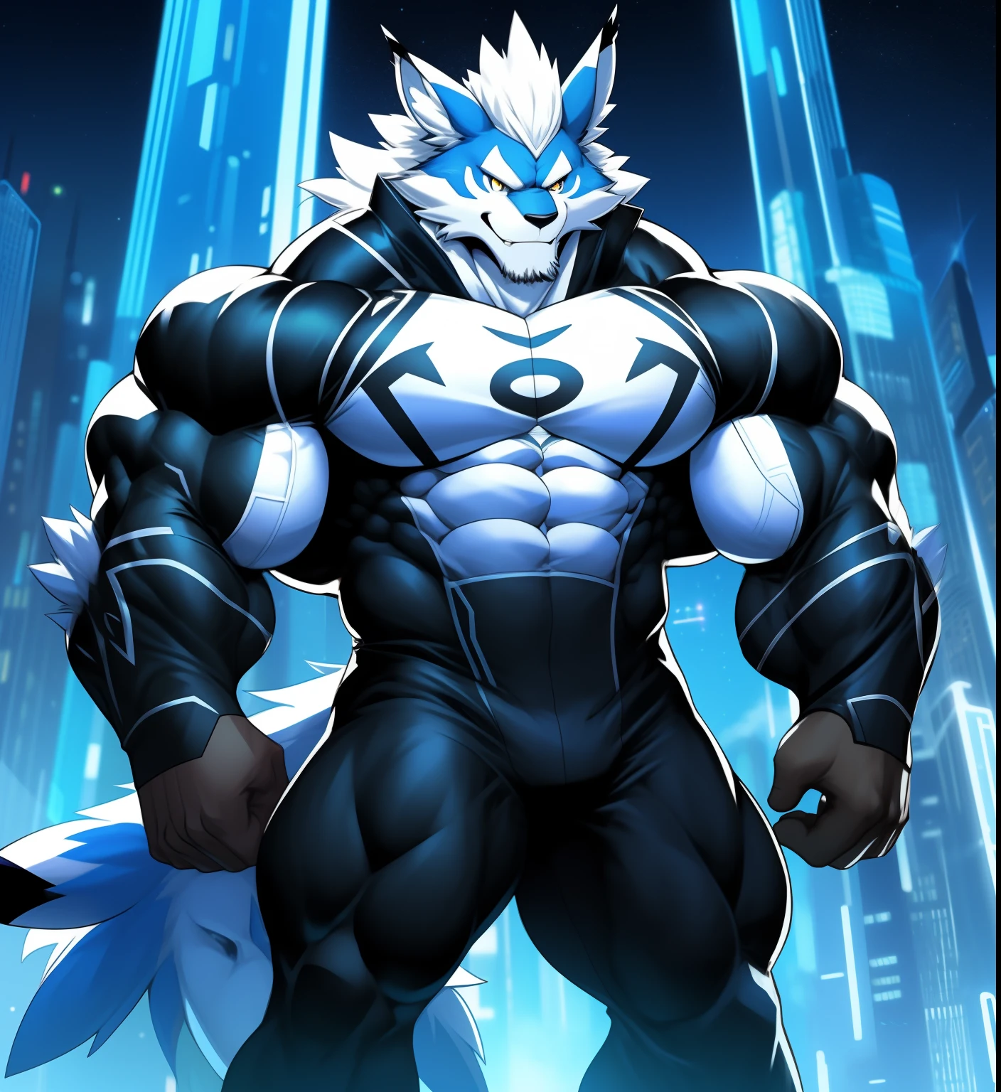 Antecedentes de la ciudad, Rascacielos, Futuristic city, Noche, Estrellas, Luces nocturnas, Leomon Gigachad, Superhero, hero, Nadaria, massive muscles, pectorales enormes, ABS cincelados, pectorales enormes, Exaggeratedly huge muscles. A furry hero whose presence inspires trust and respect. (((His hero costume is black and white.)))