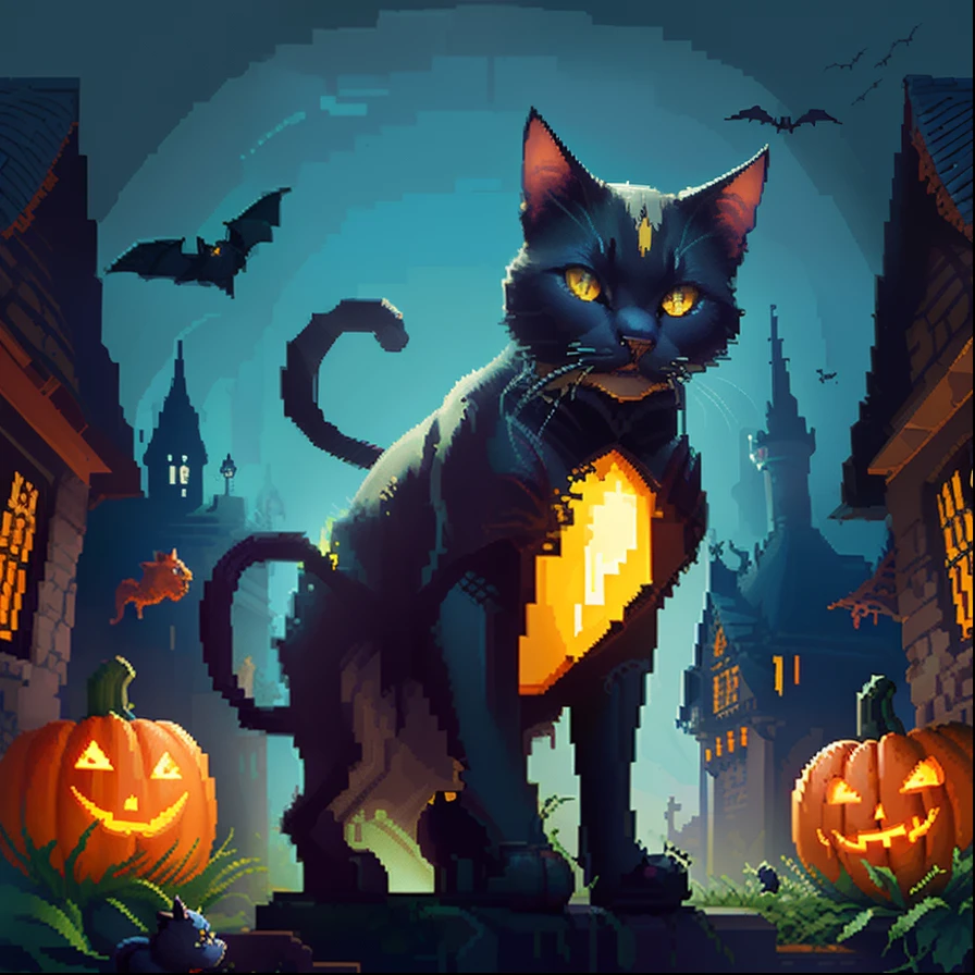 Incredible pixel art detail pixel art　Pixel Art
black cat　pumpkins　the bats　evening　old castle