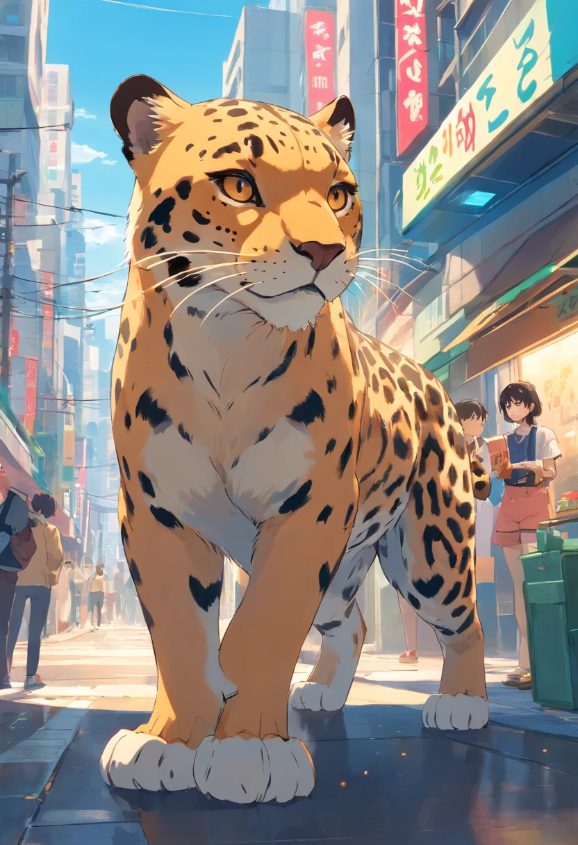((foto crua)), ((obra-prima)), Anthropomorphic humanoid leopard wearing streetwear clothes, andando furiosamente entre as pessoas, detalhe intrincado, intricate Greebles pieces, city behind, corpo musculoso, (large muscles), muscular arms, (small head), Ogro monstruoso, Titan soft lighting, Hiper realista, soft-lighting, Ambiente sinistro