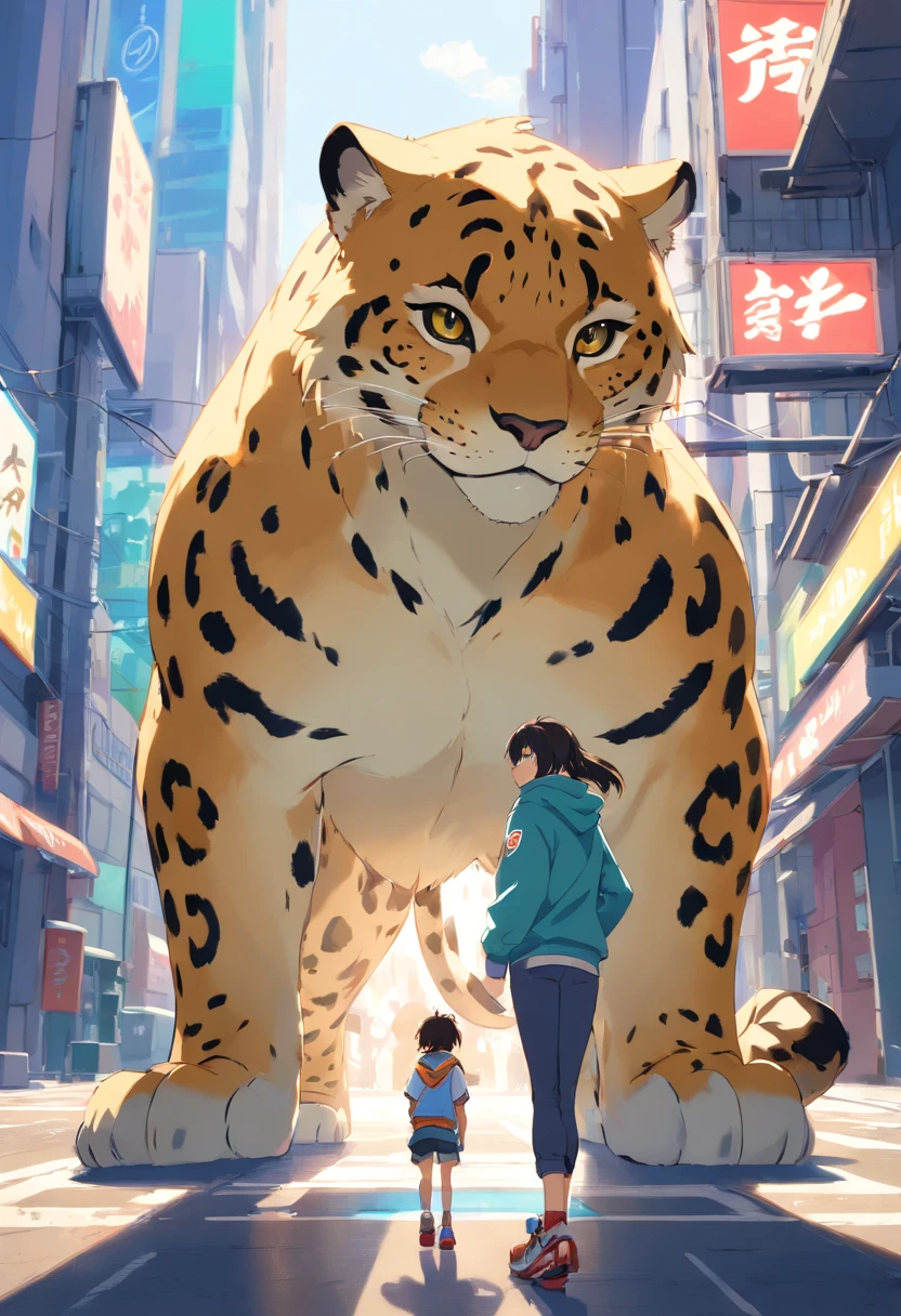 ((foto crua)), ((obra-prima)), Anthropomorphic humanoid leopard wearing streetwear clothes, andando furiosamente entre as pessoas, detalhe intrincado, intricate Greebles pieces, city behind, corpo musculoso, (large muscles), muscular arms, (small head), Ogro monstruoso, Titan soft lighting, Hiper realista, soft-lighting, Ambiente sinistro