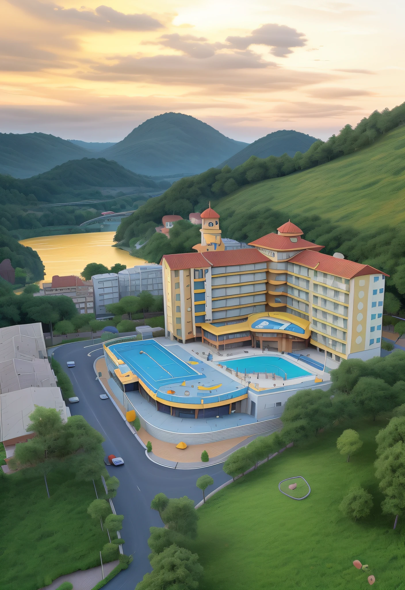 A light yellow building in the pixar style, com piscina retangular guarda sois brancos, quadra na lateral, parquinho, telhado, montanhas na parte de tras e um lago.