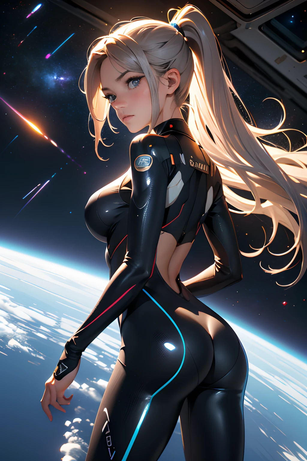 rear view, backside view, turning away, sandy hair, eyes are blue, fit body large breasts slender thighs slender waist pilot suit solo looking away from viewer, in space, long hair, blushing, determination, 8k, extreme detail,