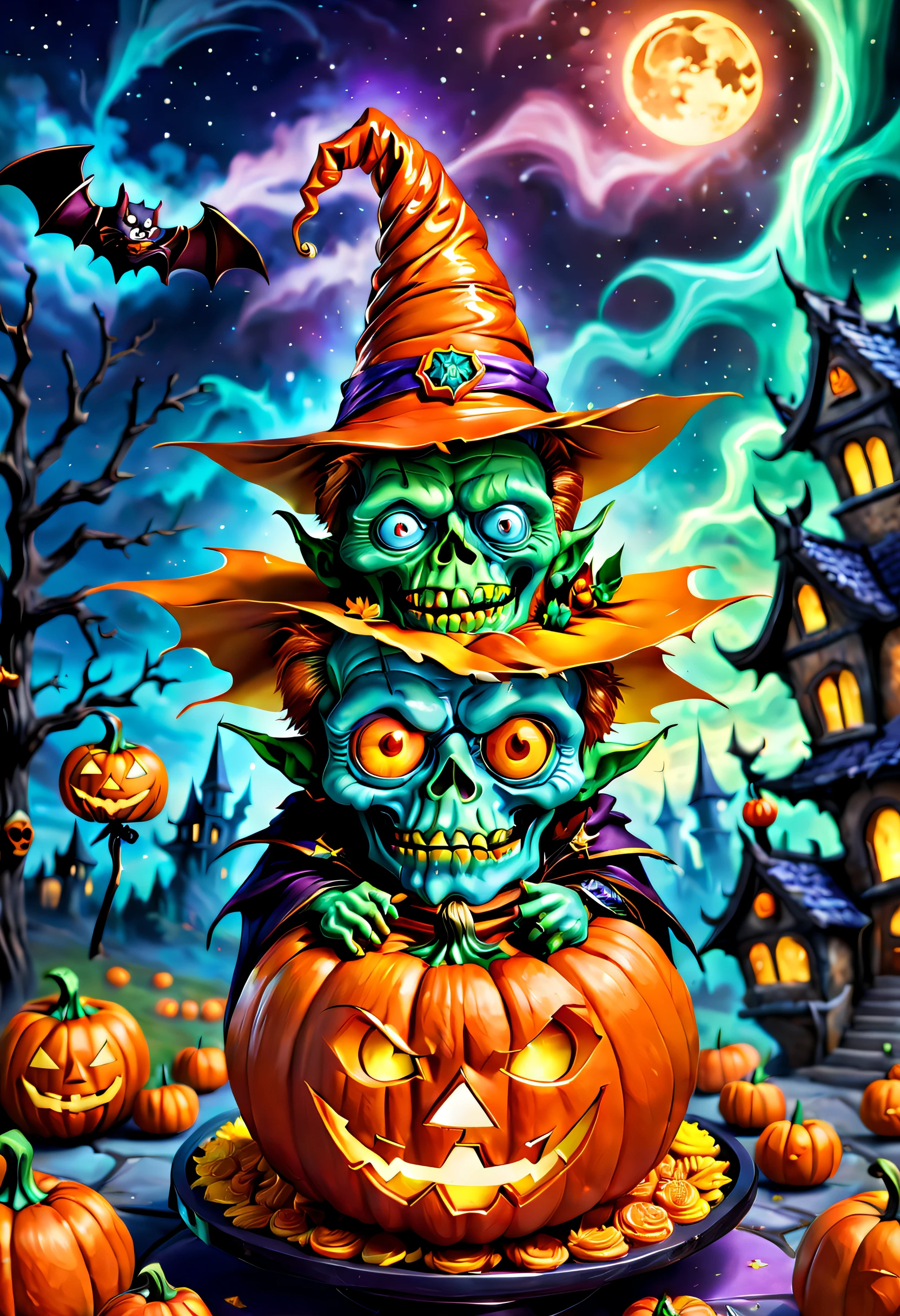 (tmasterpiece),（ultra - detailed: 1.3），best qualtiy，（glittery: 1.2），（Fantasy Halloween world: 1.4），(Van Gogh-style Halloween: 1.5),（Remaining months），(((Delicious sweets，Lovely wizard，Pumpkin monsters，Lovely mummy，Cute Frankenstein，super heroes, and other Halloween decorations))), Fantasy world, Cute cartoon design style, the night，Skysky，Zangetsu，vibrant with colors，brightly，1.4x realism，hyper HD，It is displayed in this beautiful scene，（The is very detailed，reasonable design，Clear lines，High- sharpness，tmasterpiece，offcial art，movie light effect，8K）, DruidMagicAI, m0nstrcrz