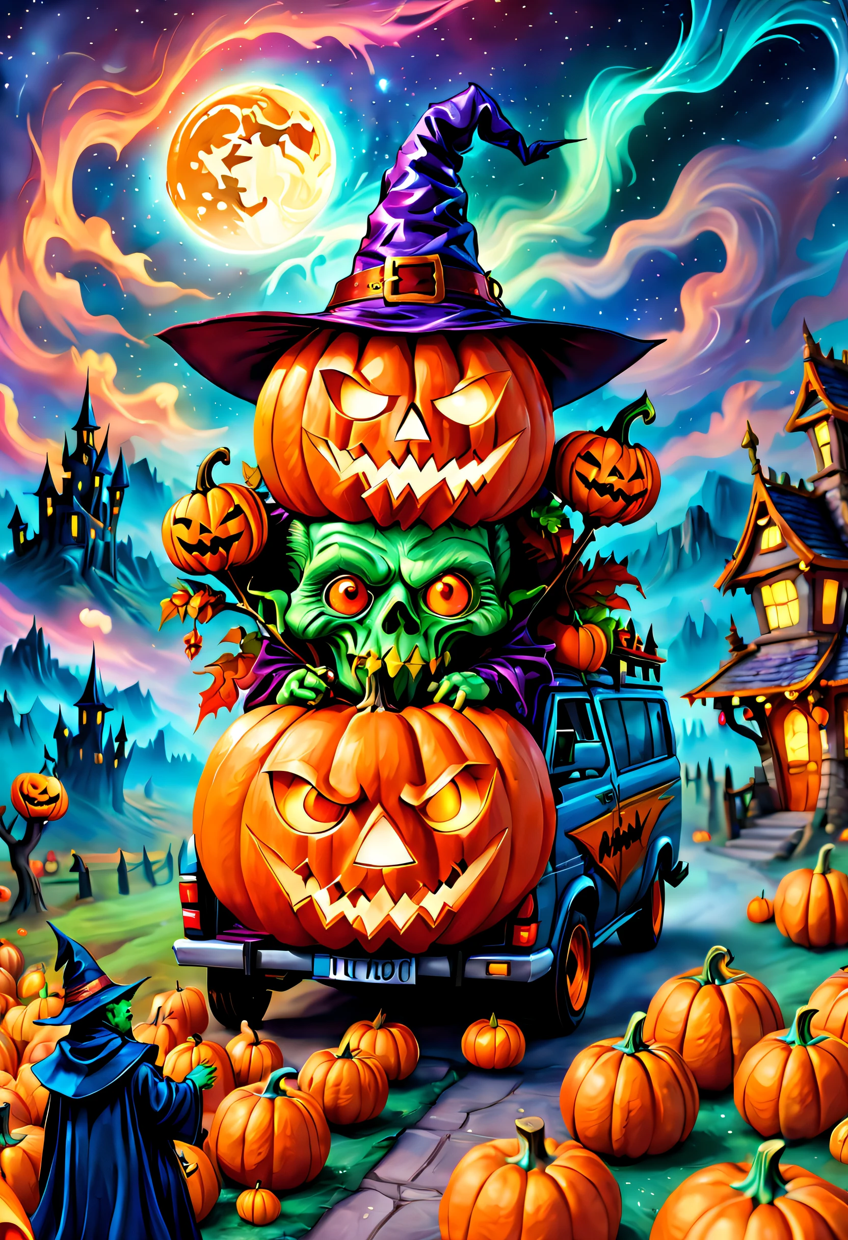 (tmasterpiece),（ultra - detailed: 1.3），best qualtiy，（glittery: 1.2），（Fantasy Halloween world: 1.4），(Van Gogh-style Halloween: 1.5),（Remaining months），(((Delicious sweets，Lovely wizard，Pumpkin monsters，Lovely mummy，Cute Frankenstein，super heroes, and other Halloween decorations))), Fantasy world, Cute cartoon design style, the night，Skysky，Zangetsu，vibrant with colors，brightly，1.4x realism，hyper HD，It is displayed in this beautiful scene，（The is very detailed，reasonable design，Clear lines，High- sharpness，tmasterpiece，offcial art，movie light effect，8K）, DruidMagicAI, m0nstrcrz