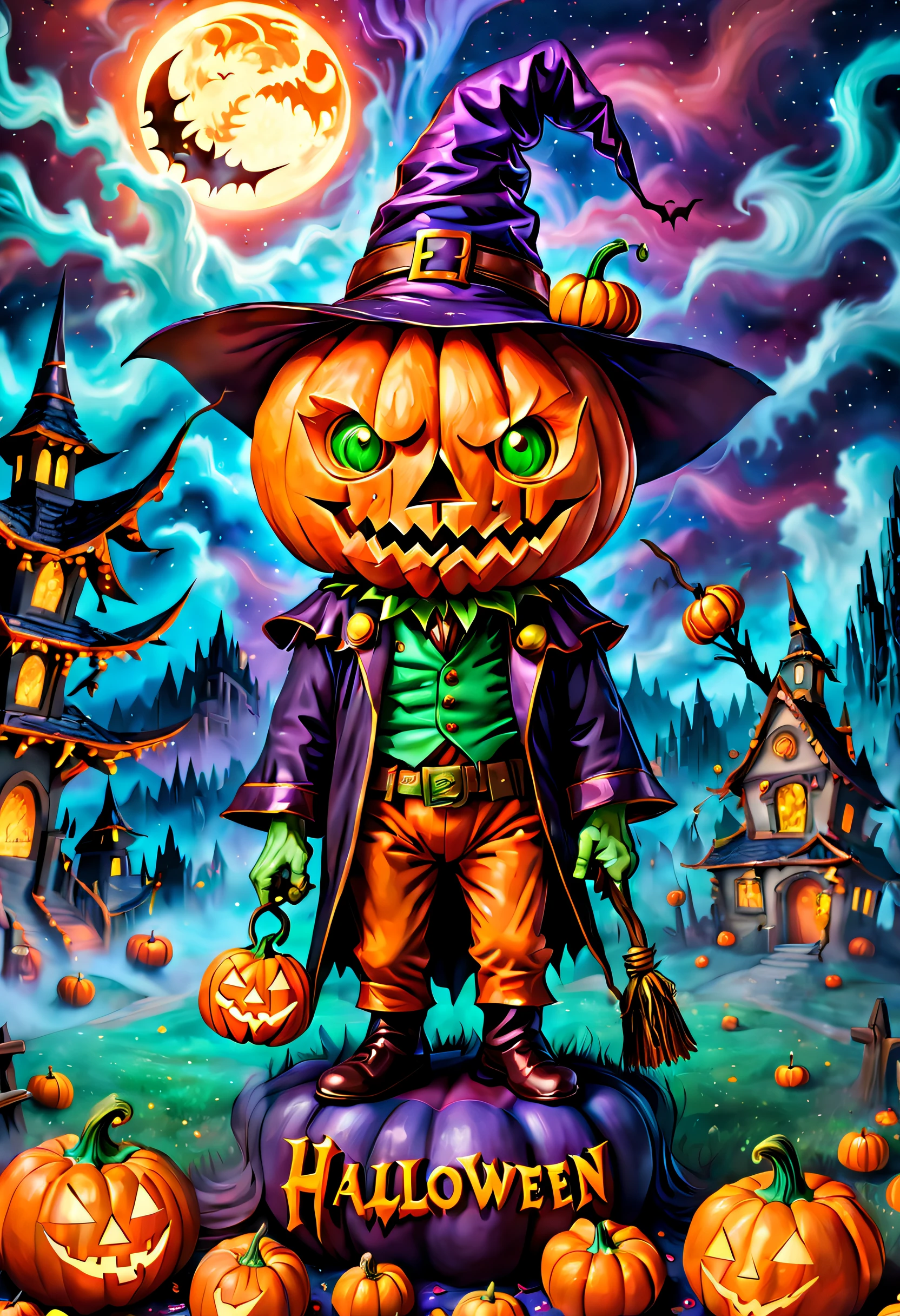 (tmasterpiece),（ultra - detailed: 1.3），best qualtiy，（glittery: 1.2），（Fantasy Halloween world: 1.4），(Van Gogh-style Halloween: 1.5),（Remaining months），(((Delicious sweets，Lovely wizard，Pumpkin monsters，Lovely mummy，Cute Frankenstein，super heroes, and other Halloween decorations))), Fantasy world, Cute cartoon design style, the night，Skysky，Zangetsu，vibrant with colors，brightly，1.4x realism，hyper HD，It is displayed in this beautiful scene，（The is very detailed，reasonable design，Clear lines，High- sharpness，tmasterpiece，offcial art，movie light effect，8K）, DruidMagicAI, m0nstrcrz