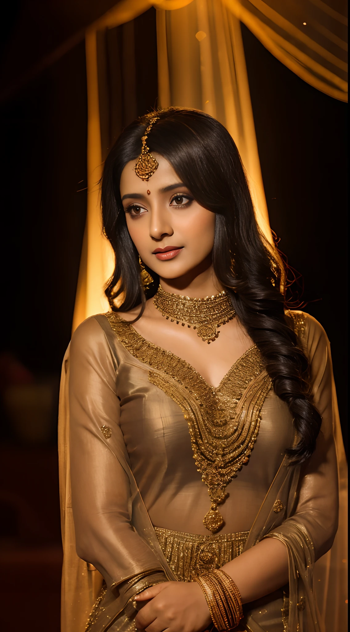 (((desi girl))), natural brown skin, wearing neck top and dupatta, charming black hair, diya light background, bokeh