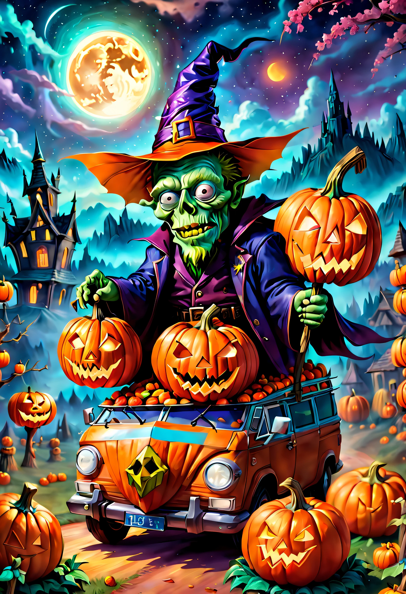 (tmasterpiece),（ultra - detailed: 1.3），best qualtiy，（glittery: 1.2），（Fantasy Halloween world: 1.4），(Van Gogh-style Halloween: 1.5),（Remaining months），(((Delicious sweets，Lovely wizard，Pumpkin monsters，Lovely mummy，Cute Frankenstein，super heroes, and other Halloween decorations))), Fantasy world, Cute cartoon design style, the night，Skysky，Zangetsu，vibrant with colors，brightly，1.4x realism，hyper HD，It is displayed in this beautiful scene，（The is very detailed，reasonable design，Clear lines，High- sharpness，tmasterpiece，offcial art，movie light effect，8K）, DruidMagicAI, m0nstrcrz