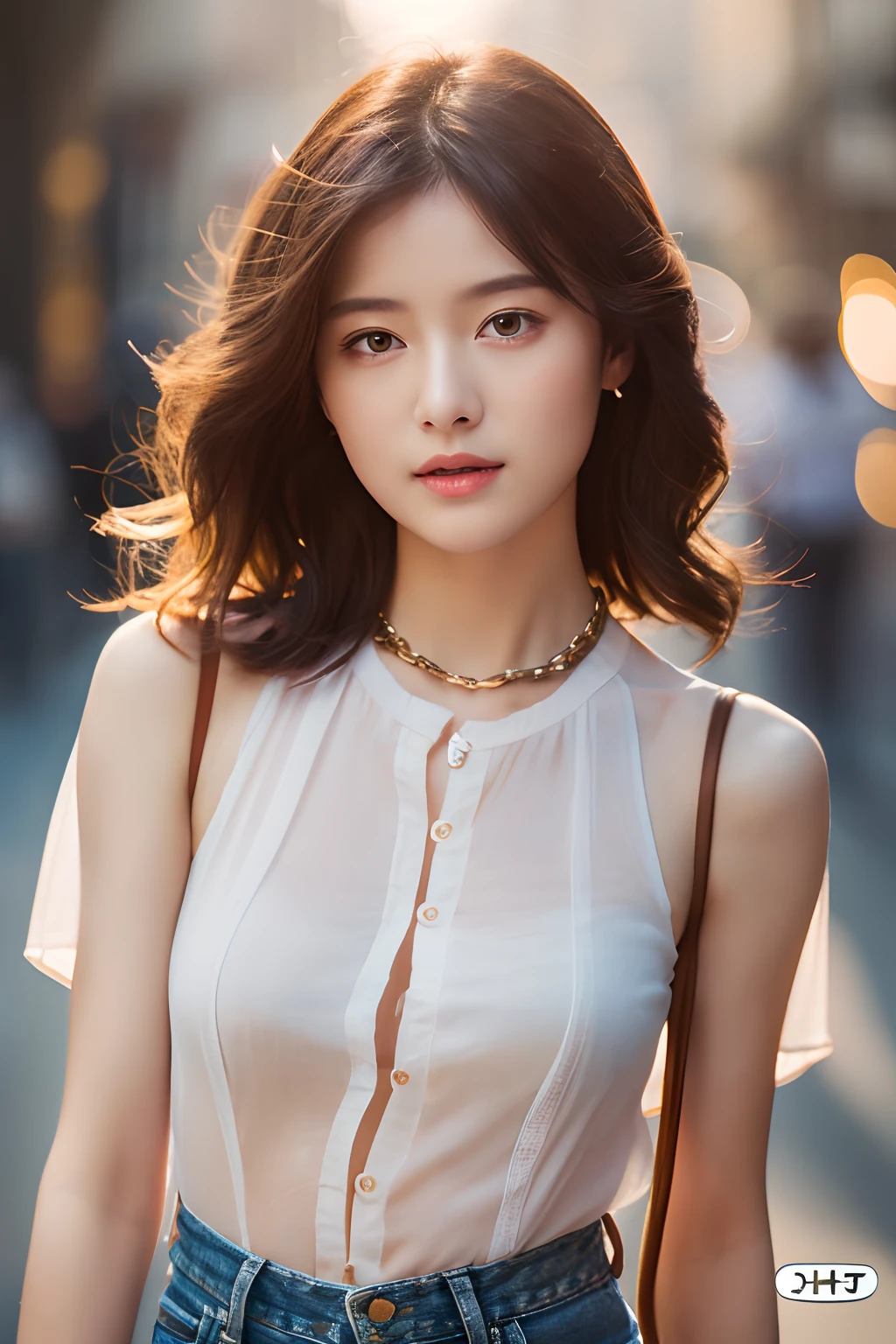 ((middlebreast、tomgirl、the head is small))、sunlights、sunlights、(Chiseled abs : 1.1)、(the perfect body : 1.1)、(short wavy hair : 1.2)、Brown hair、collars、chains、FULL BODYSHOT、crowdedstreets、Sheer shirt　Tank tops、Jeans wearing jacket、((shortpants))、(Highly detailed CG 8k wallpaper)、(extremely delicate and beautiful)、(​masterpiece)、(top-quality:1.0)、(超A high resolution:1.0)、beautiful  lighting、perfect lightning bolt、realistic shadow、[hight resolution]、Detailed skin、Super Detailed
information