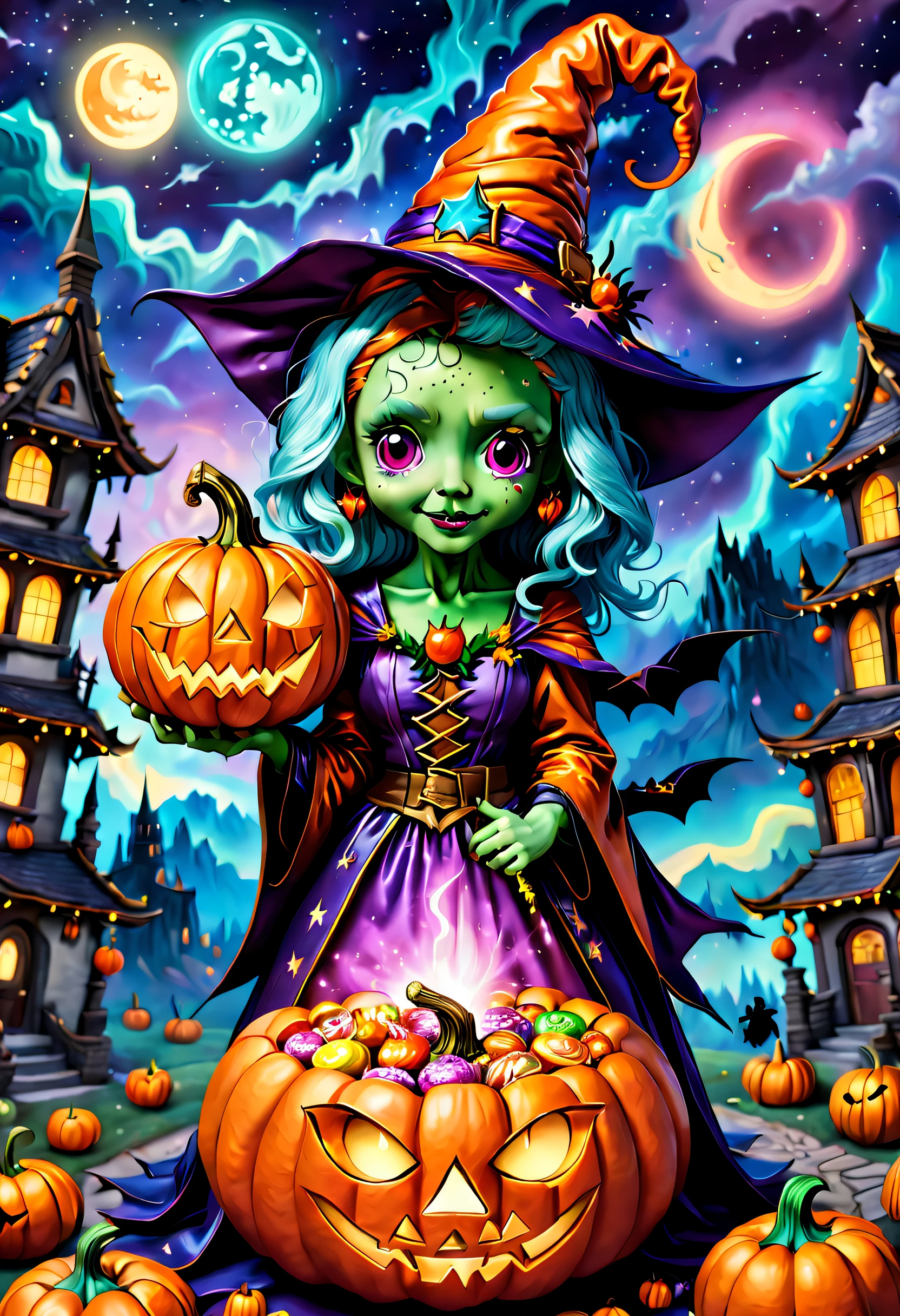 (tmasterpiece),（ultra - detailed: 1.3），best qualtiy，（glittery: 1.2），（Fantasy Halloween world: 1.4），(Van Gogh-style Halloween: 1.5),（Remaining months），(((Delicious sweets，Cute girl wizard，Pumpkin monsters，Lovely mummy，Cute Frankenstein，Marvel Super Heroes, and other Halloween decorations))), Fantasy world, Cute cartoon design style, the night，Skysky，Zangetsu，vibrant with colors，brightly，1.4x realism，hyper HD，It is displayed in this beautiful scene，（The is very detailed，reasonable design，Clear lines，High- sharpness，tmasterpiece，offcial art，movie light effect，8K）, DruidMagicAI, m0nstrcrz