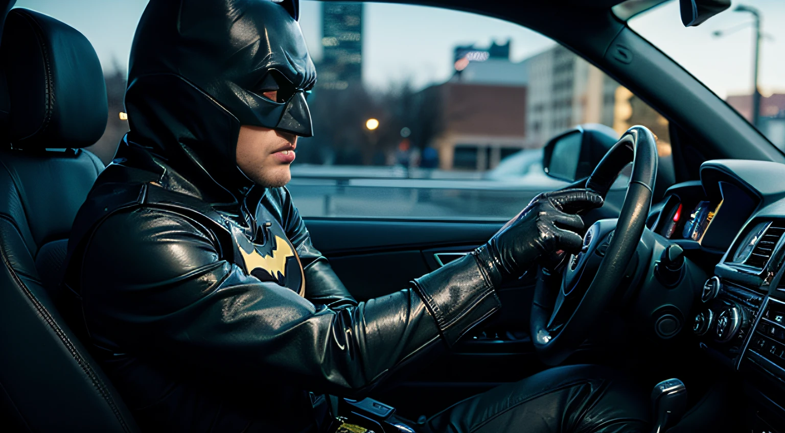 batman, batmobile, 1 seat open car:1.3 (Batman driving the Batmobile:1.3), look at the viewer, perfect composition, (Masterpiece), (Best Quality), (Ultra high Detailes), Photorealistic