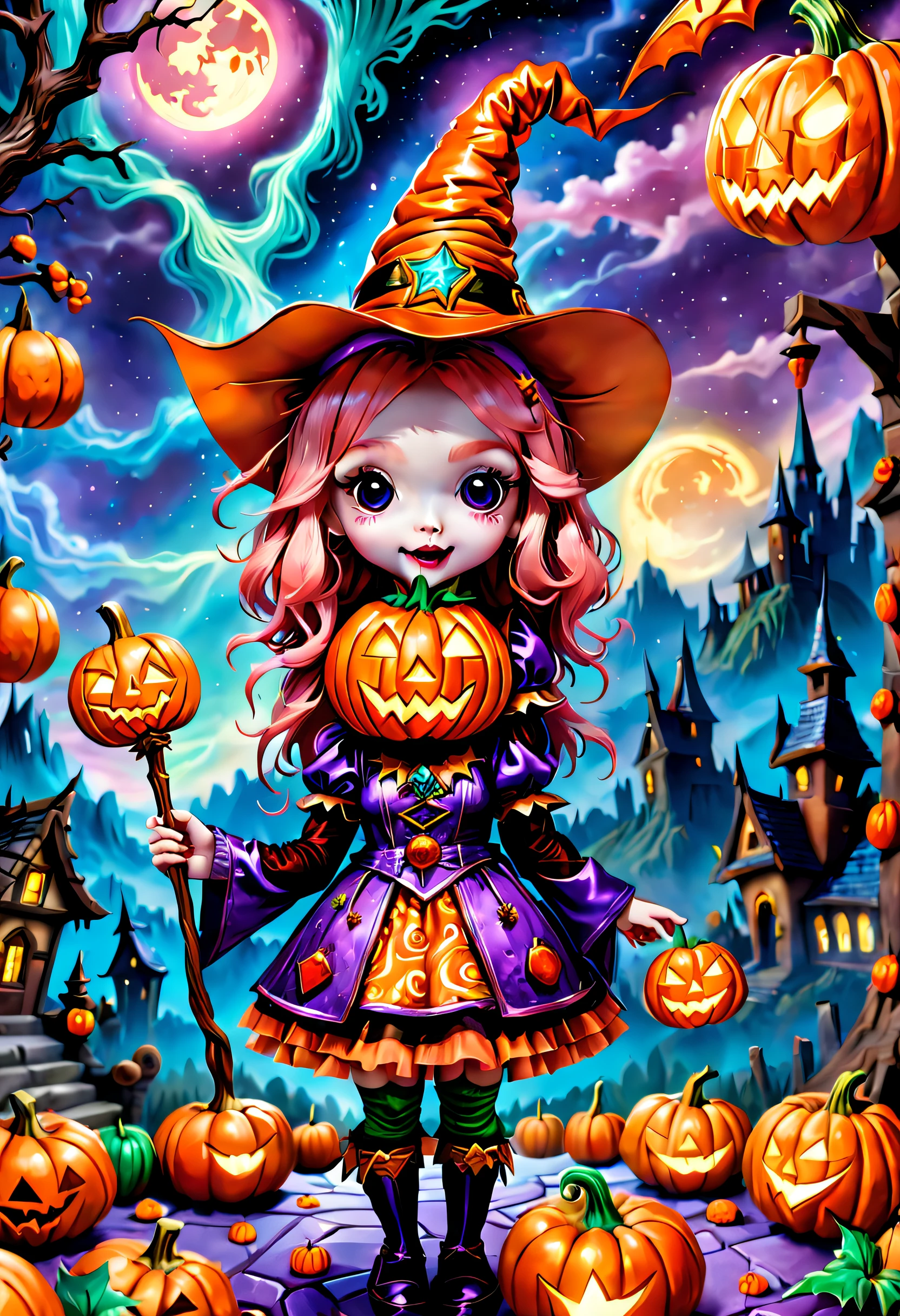 (tmasterpiece),（ultra - detailed: 1.3），best qualtiy，（glittery: 1.2），（Fantasy Halloween world: 1.4），(Van Gogh-style Halloween: 1.5),（Remaining months），(((Delicious sweets，Cute girl wizard，Pumpkin monsters，Lovely mummy，Cute Frankenstein，Marvel Super Heroes, and other Halloween decorations))), Fantasy world, Cute cartoon design style, the night，Skysky，Zangetsu，vibrant with colors，brightly，1.4x realism，hyper HD，It is displayed in this beautiful scene，（The is very detailed，reasonable design，Clear lines，High- sharpness，tmasterpiece，offcial art，movie light effect，8K）, DruidMagicAI, m0nstrcrz