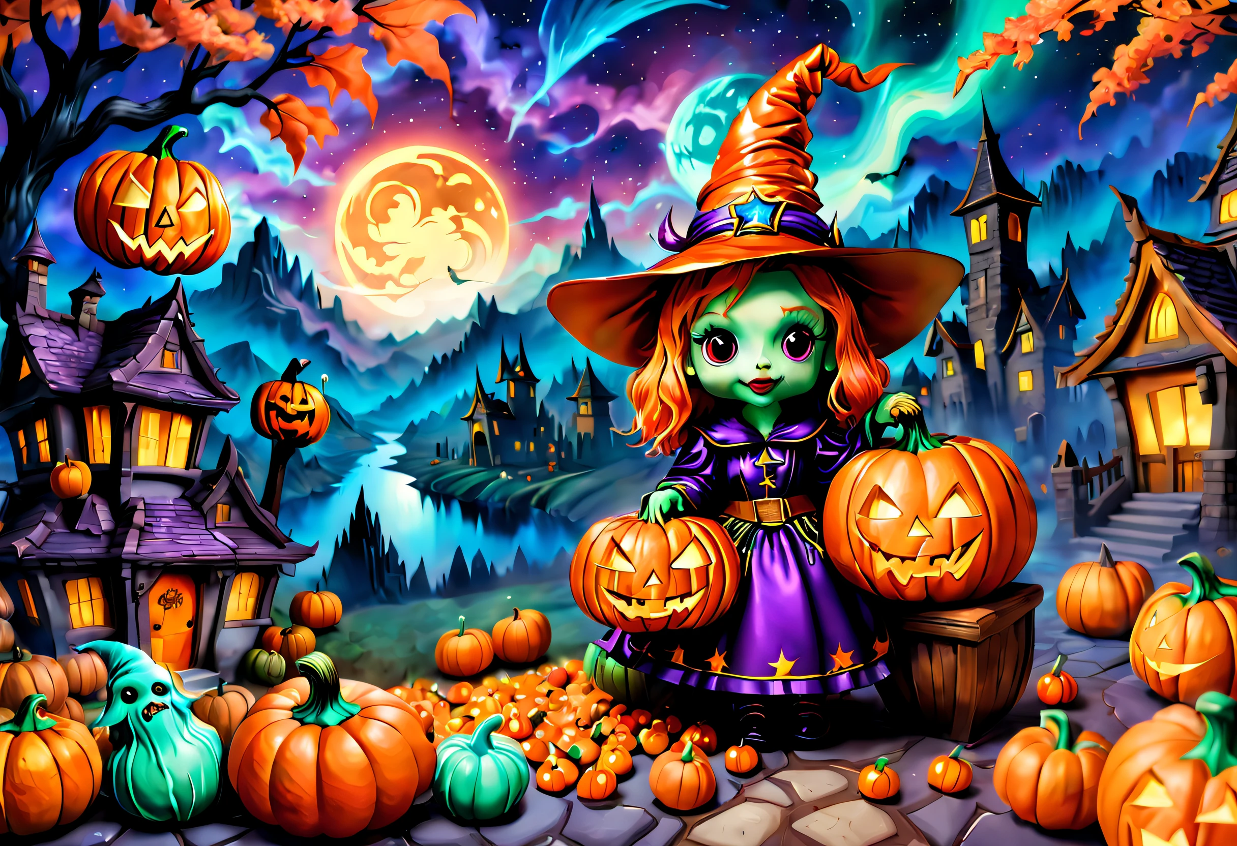 (tmasterpiece),（ultra - detailed: 1.3），best qualtiy，（glittery: 1.2），（Fantasy Halloween world: 1.4），(Van Gogh-style Halloween: 1.5),（Remaining months），(((Delicious sweets，Cute girl wizard，Pumpkin monsters，Lovely mummy，Cute Frankenstein，Marvel Super Heroes, and other Halloween decorations))), Fantasy world, Cute cartoon design style, the night，Skysky，Zangetsu，vibrant with colors，brightly，1.4x realism，hyper HD，It is displayed in this beautiful scene，（The is very detailed，reasonable design，Clear lines，High- sharpness，tmasterpiece，offcial art，movie light effect，8K）, DruidMagicAI, m0nstrcrz