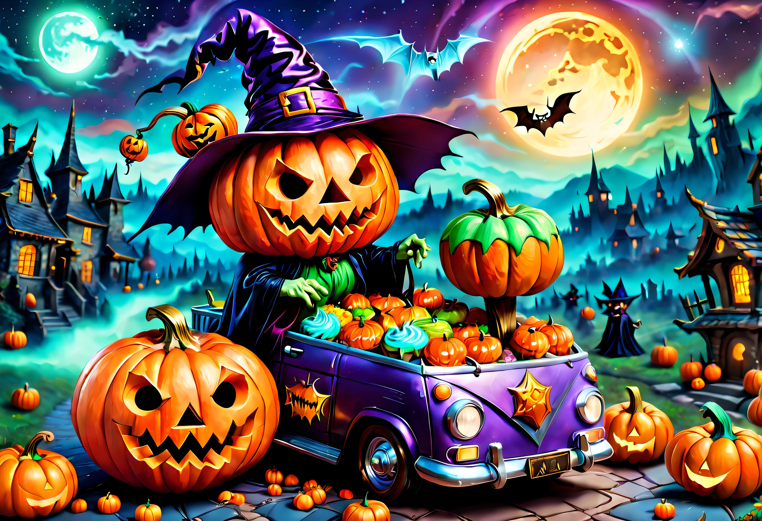 (tmasterpiece),（ultra - detailed: 1.3），best qualtiy，（glittery: 1.2），（Fantasy Halloween world: 1.4），(Van Gogh-style Halloween: 1.5),（Remaining months），(((Delicious sweets，Lovely witches，Cute pumpkin monster，Lovely mummy，Cute Frankenstein，Marvel Super Heroes, and other Halloween decorations))), Fantasy world, Cute cartoon design style, the night，Skysky，Zangetsu，vibrant with colors，brightly，1.4x realism，hyper HD，It is displayed in this beautiful scene，（The is very detailed，reasonable design，Clear lines，High- sharpness，tmasterpiece，offcial art，movie light effect，8K）, DruidMagicAI, m0nstrcrz