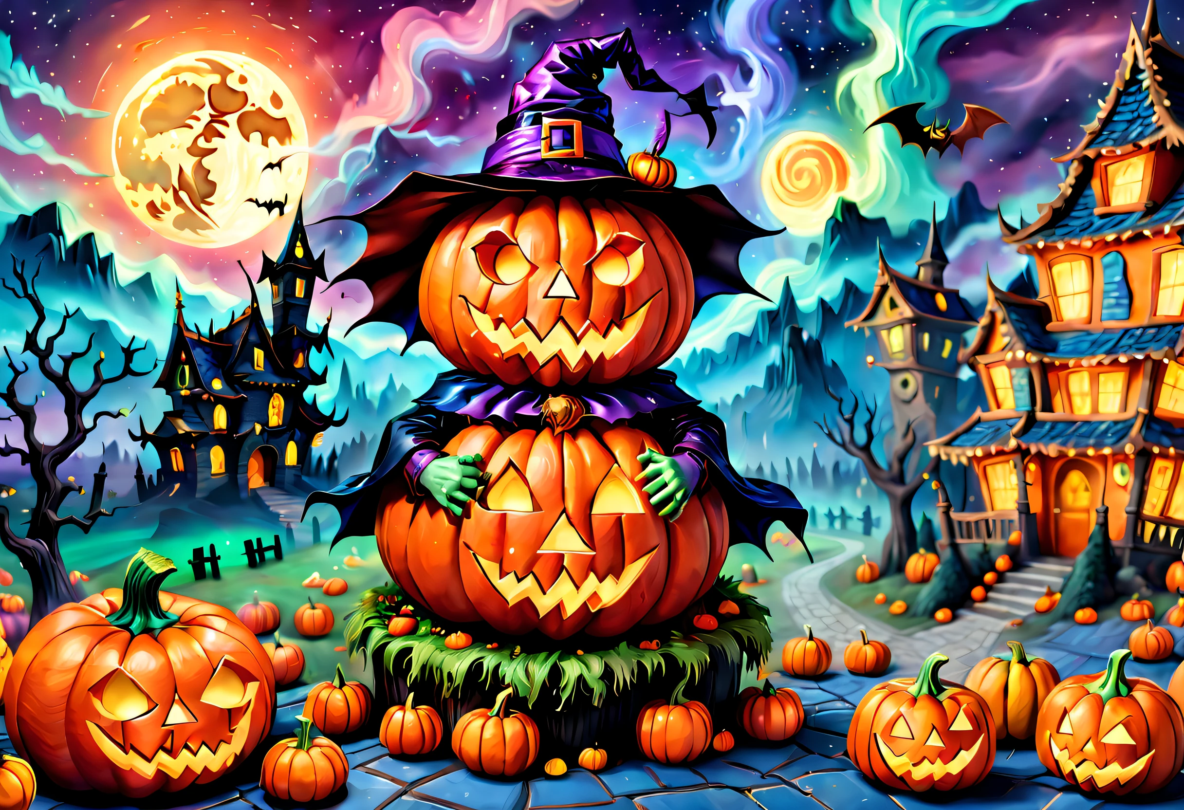 (tmasterpiece),（ultra - detailed: 1.3），best qualtiy，（glittery: 1.2），（Fantasy Halloween world: 1.4），(Van Gogh-style Halloween: 1.5),（Remaining months），(((Delicious sweets，Lovely witches，Cute pumpkin monster，Lovely mummy，Cute Frankenstein，Marvel Super Heroes, and other Halloween decorations))), Fantasy world, Cute cartoon design style, the night，Skysky，Zangetsu，vibrant with colors，brightly，1.4x realism，hyper HD，It is displayed in this beautiful scene，（The is very detailed，reasonable design，Clear lines，High- sharpness，tmasterpiece，offcial art，movie light effect，8K）, DruidMagicAI, m0nstrcrz