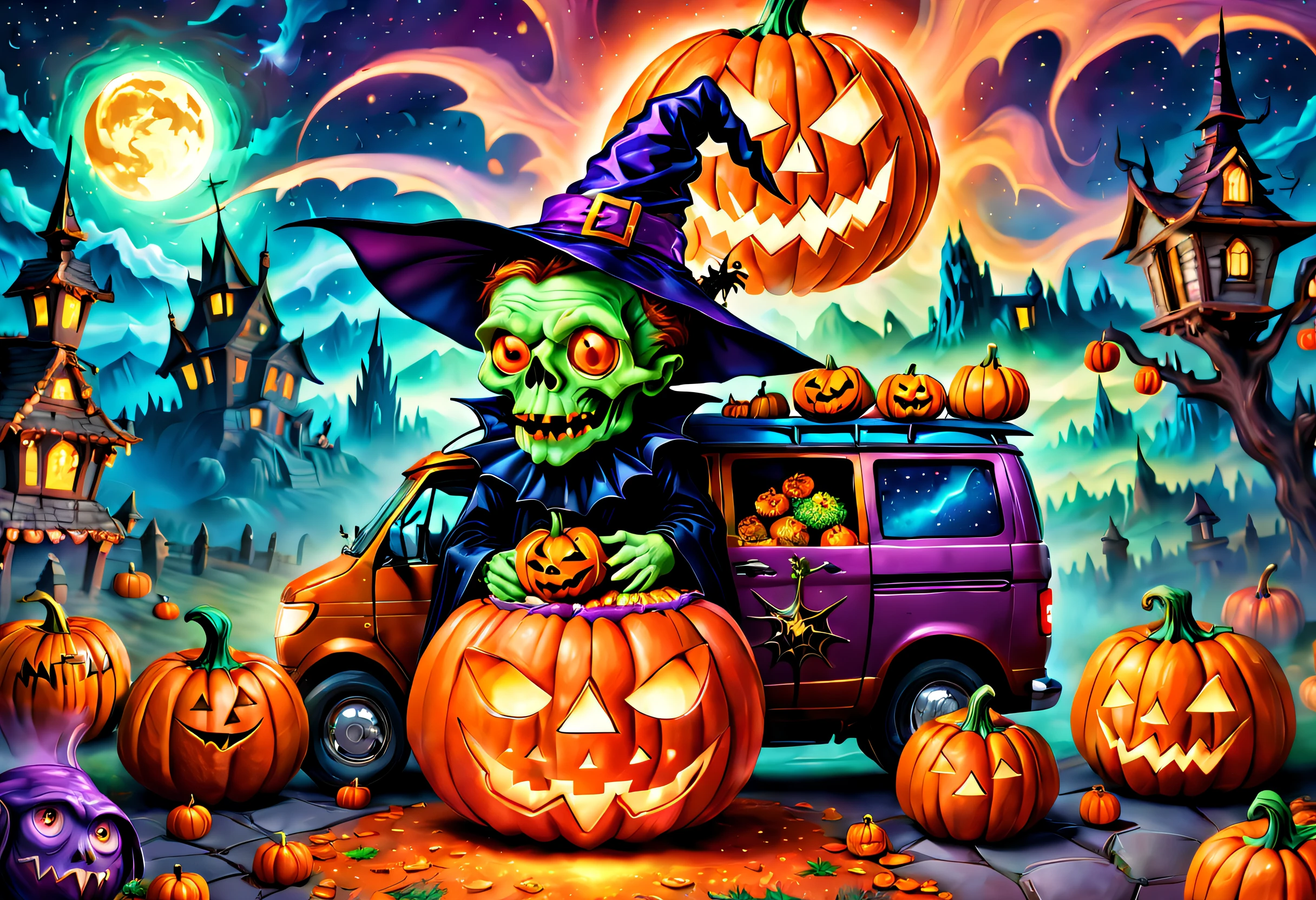 (tmasterpiece),（ultra - detailed: 1.3），best qualtiy，（glittery: 1.2），（Fantasy Halloween world: 1.4），(Van Gogh-style Halloween: 1.5),（Remaining months），(((Delicious sweets，Lovely witches，Cute pumpkin monster，Lovely mummy，Cute Frankenstein，Marvel Super Heroes, and other Halloween decorations))), Fantasy world, Cute cartoon design style, the night，Skysky，Zangetsu，vibrant with colors，brightly，1.4x realism，hyper HD，It is displayed in this beautiful scene，（The is very detailed，reasonable design，Clear lines，High- sharpness，tmasterpiece，offcial art，movie light effect，8K）, DruidMagicAI, m0nstrcrz