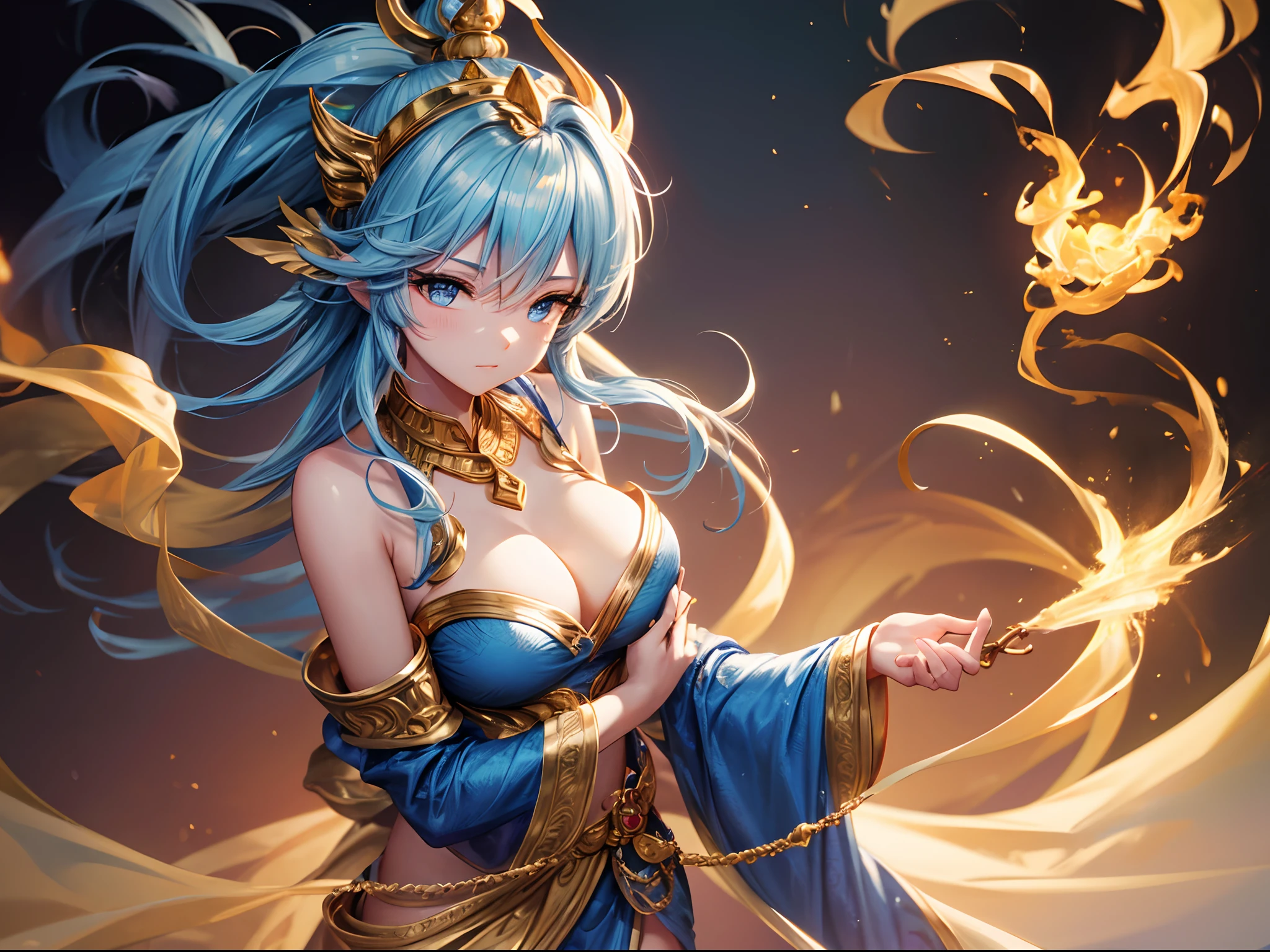 highly detailed ornate gold genie lamp emitting blue smoke, A beautiful female genie is coming out of the smoke