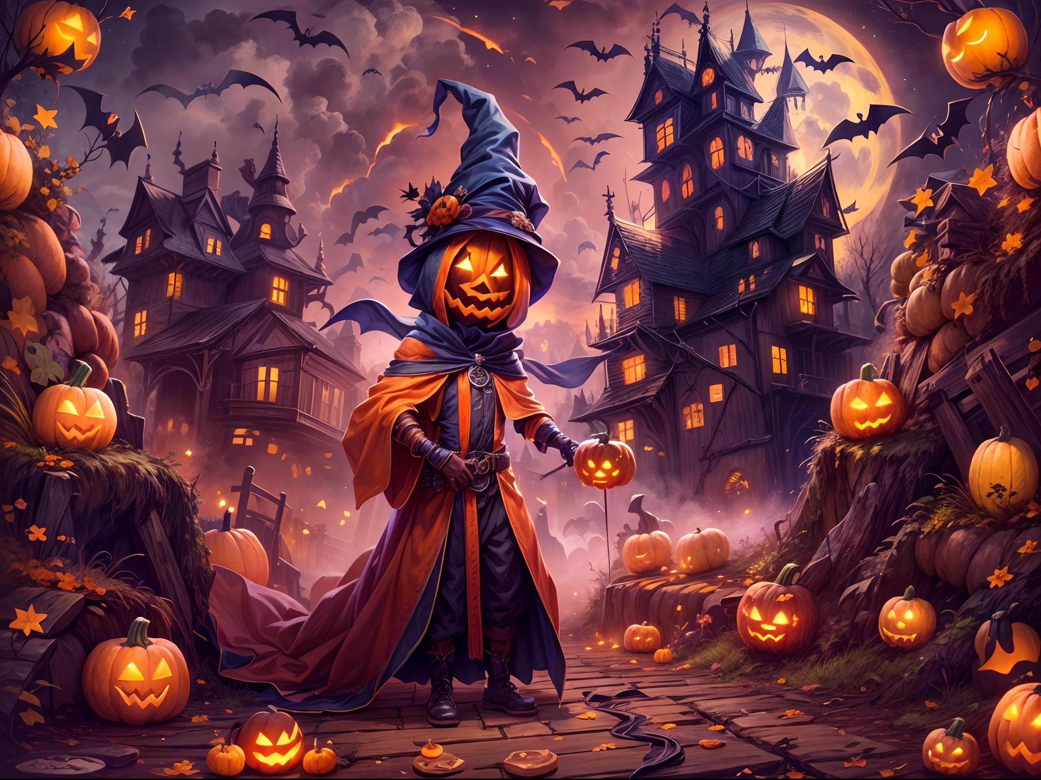 (tmasterpiece),（ultra - detailed：1.3），best qualtiy，（glittery:1.2），（Fantasy Halloween world:1.4），(Van Gogh-style Halloween: 1.5),（Remaining months），(((Delicious sweets，Lovely wizard，Pumpkin monsters，mummy，super heroes, and other Halloween decorations))), Fantasy world, Cute cartoon design style, the night，Skysky，Zangetsu，vibrant with colors，brightly，1.4x realism，hyper HD，It is displayed in this beautiful scene，（The is very detailed，reasonable design，Clear lines，High- sharpness，tmasterpiece，offcial art，movie light effect，8K）, DruidMagicAI, m0nstrcrz