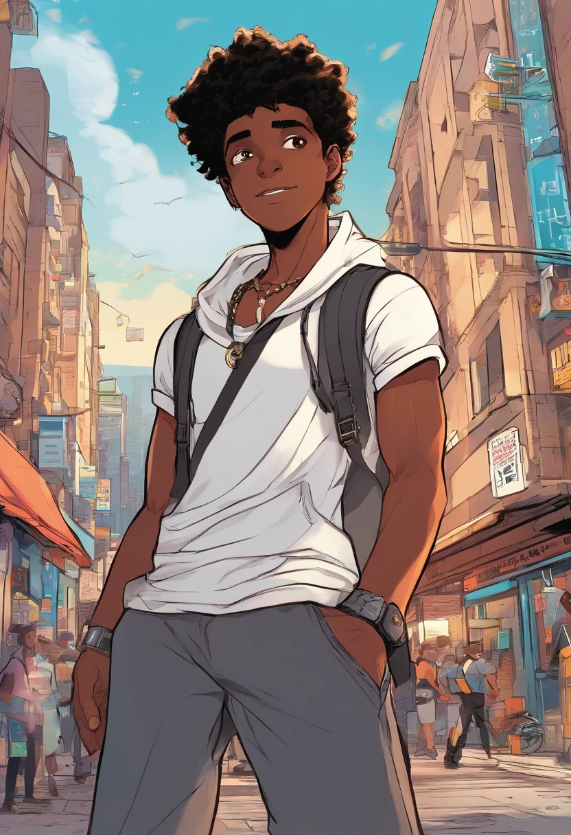 A black boy, transformed into an anime style, with exaggerated unique facial features and clothing, black eyes and dark hair, standing on a bustling city street, backlit background highlighting the subject, high-contrast colors, 4K high-definition quality,young, smiling, handsome