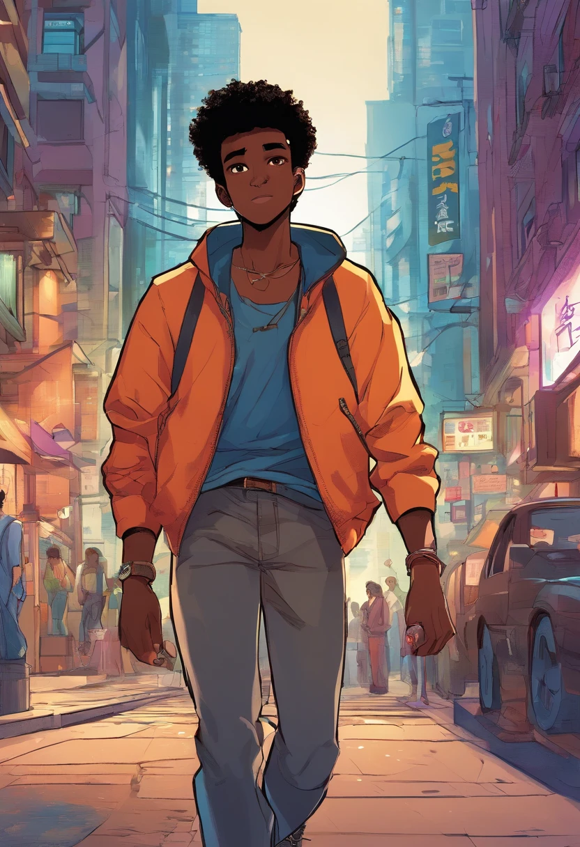 A black boy, transformed into an anime style, with exaggerated unique facial features and clothing, black eyes and dark hair, standing on a bustling city street, backlit background highlighting the subject, high-contrast colors, 4K high-definition quality，young, smiling, handsome