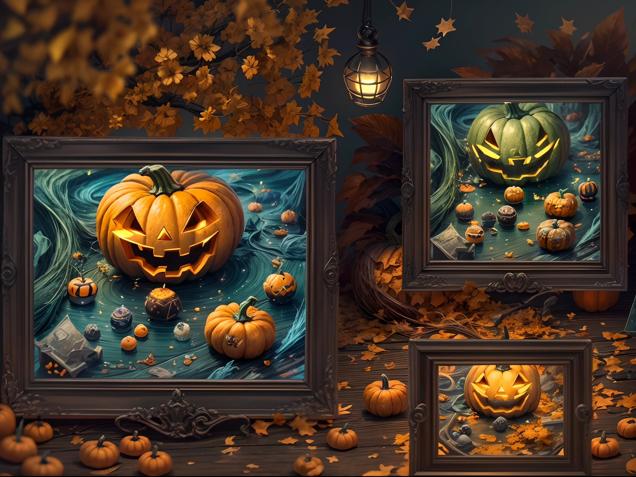 (tmasterpiece),（ultra - detailed：1.3），best qualtiy，（glittery:1.2），（Fantasy Halloween world:1.4），(Van Gogh-style Halloween: 1.5),（Remaining months），(((Delicious sweets，Lovely wizard，Pumpkin monsters，mummy，super heroes, and other Halloween decorations))), Fantasy world, Cute cartoon design style, the night，Skysky，Zangetsu，vibrant with colors，brightly，1.4x realism，hyper HD，It is displayed in this beautiful scene，（The is very detailed，reasonable design，Clear lines，High- sharpness，tmasterpiece，offcial art，movie light effect，8K）, DruidMagicAI, m0nstrcrz