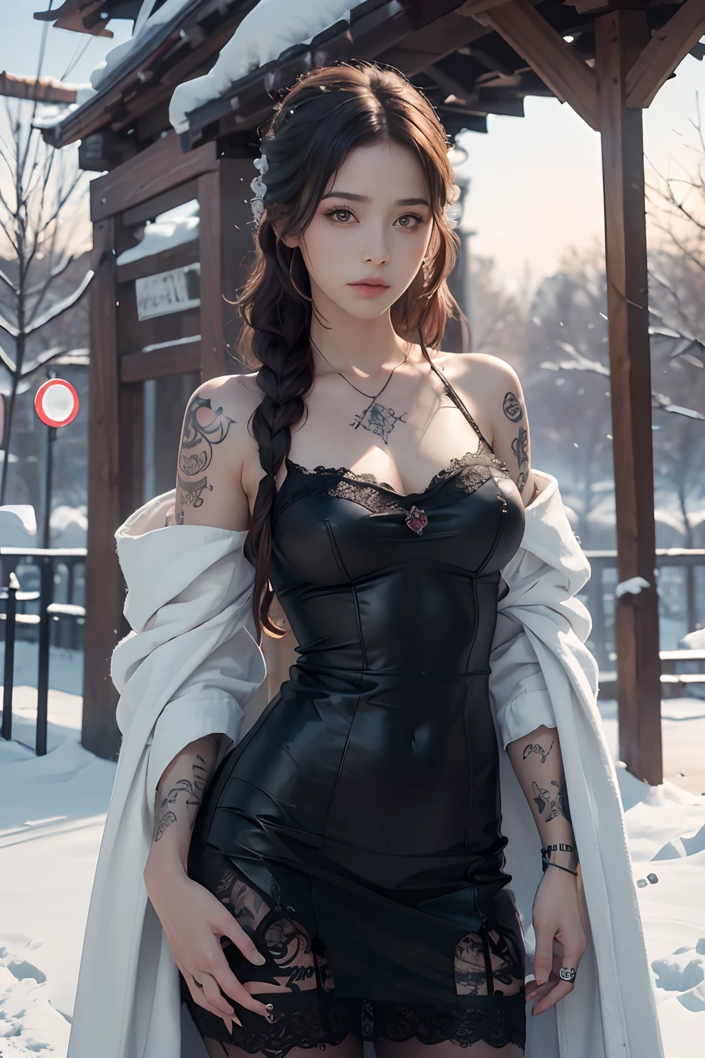 (8K, Raw-Photo, best qualtiy, tmasterpiece:1.2),(realisticlying, photograph realistic:1.4),Hide your face with sadness, ****ta costumes,lace, Aerith Gainsborough, The upper part of the body, Undergarments,exposed bare shoulders, exterior, (exterior,It is covered with snow.,cloak,) High High Quality, adobe lightroom, Highskin, looking up at viewer,Girls with tattoos on the arm and chest,inked, with tattoos, tattooed, tattoos and piercings, Tattoo on her right arm,(Round face: 1.5), (detailed pupil:1.3)