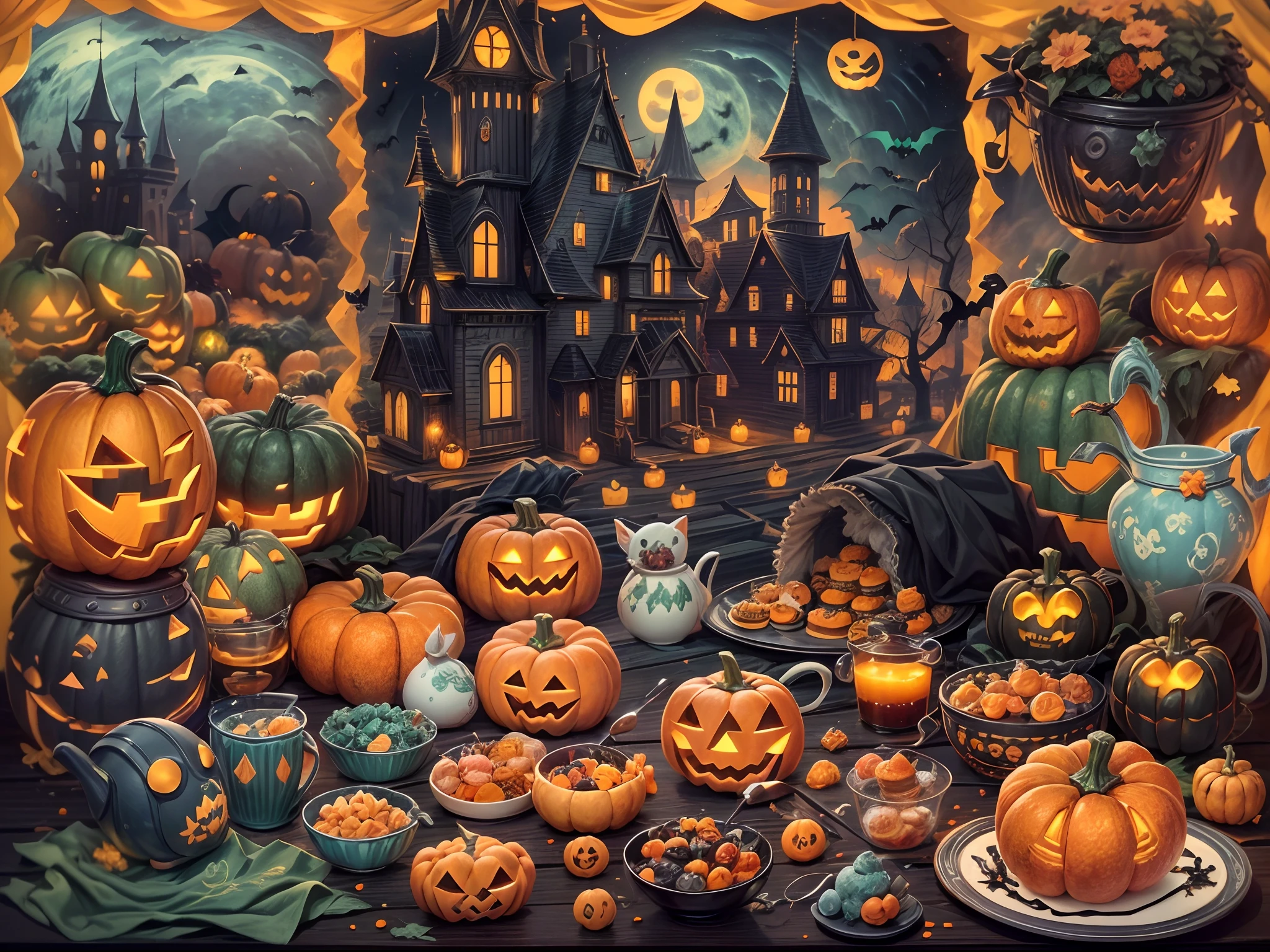 (tmasterpiece),（ultra - detailed：1.3），best qualtiy，（glittery:1.2），（Fantasy Halloween world:1.4），(Van Gogh-style Halloween: 1.5),（Remaining months），(((Delicious sweets，Lovely wizard，Pumpkin monsters，mummy，super heroes, and other Halloween decorations))), Fantasy world, Cute cartoon design style, the night，Skysky，Zangetsu，vibrant with colors，brightly，1.4x realism，hyper HD，It is displayed in this beautiful scene，（The is very detailed，reasonable design，Clear lines，High- sharpness，tmasterpiece，offcial art，movie light effect，8K）, DruidMagicAI, m0nstrcrz