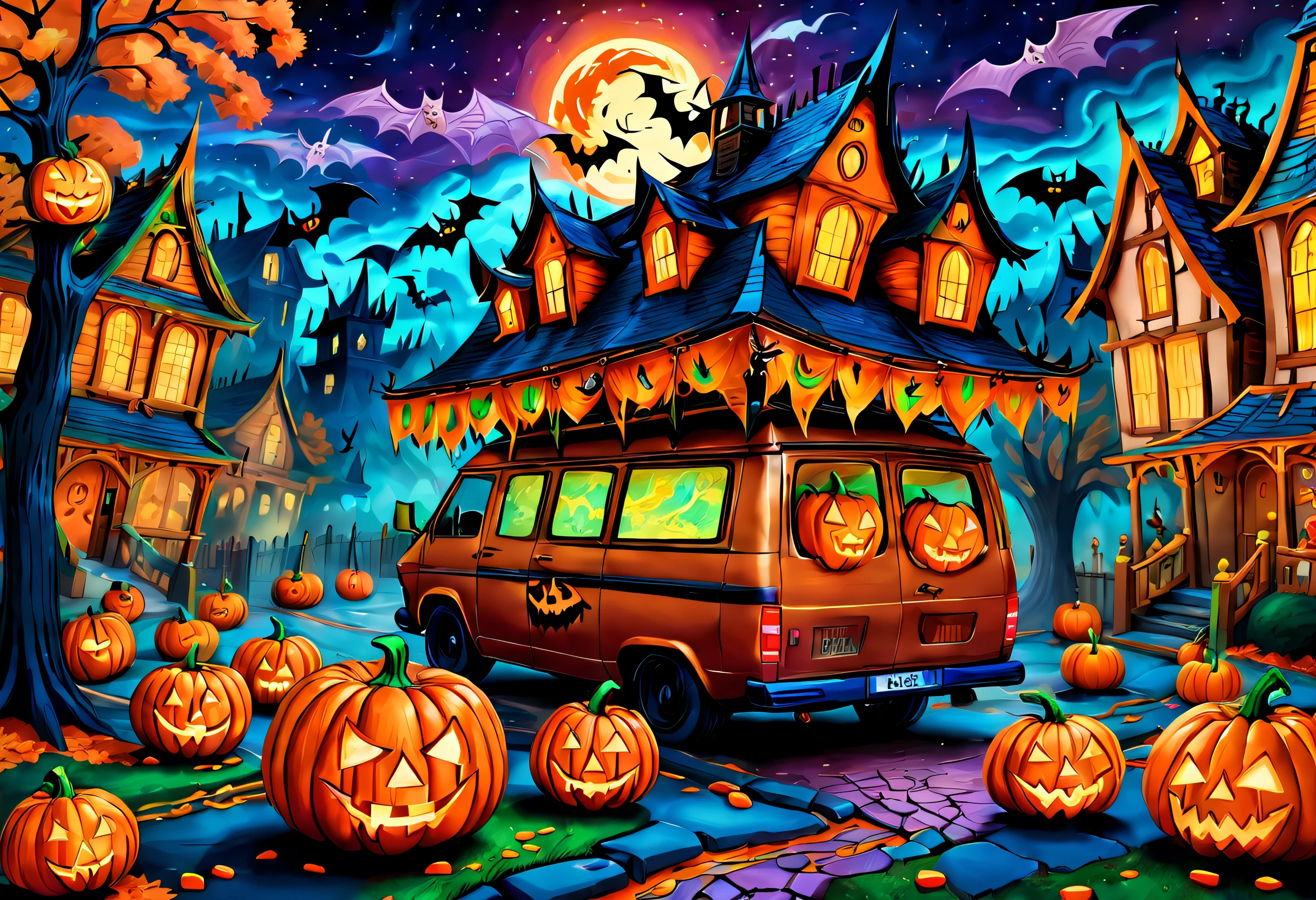 (tmasterpiece),（ultra - detailed: 1.3），best qualtiy，（glittery: 1.2），（Fantasy Halloween world: 1.4），(Van Gogh-style Halloween: 1.5),（Remaining months），When you think of Halloween，What do you think of？Maybe black and orange ornaments，Scary ghosts and jack-o'-lanterns，And endless sweets。Sada，Let's imagine a Halloween scene full of joy。 You walk into a large lawn，Jack-o'-lanterns everywhere，They emit a soft orange glow。You hear the laughter and cheers of the children，They wear a variety of Halloween costumes，From cute kittens to scary zombies，and so on。 In the middle of the site，You see a big Halloween party，There are DJs playing live music，Get people to dance。Around the dance floor，There is a wide variety of desserts and snacks，From chocolate-covered apples to candy corn，The whole nine yards。 You step aside，A group of children doing a Halloween craft activity，They carved various patterns and symbols on the pumpkins，Like skulls and bat wings。Around the table，There is also a wide variety of decorations and materials，Children are free to be creative。 When night falls，The whole venue was transformed into a mysterious and magical place。The jack-o'-lantern brightens，Sweets and snacks have also become tastier。You can even see some ghosts and ghosts roaming the lawn，But they were all very friendly，Play with the kids。 It is a Halloween scene with a cheerful atmosphere。It's full of creativity、Surprise and fun，Make people feel the unique charm of Halloween，vibrant with colors，brightly，1.4x realism，hyper HD，It is displayed in this beautiful scene，（The is very detailed，reasonable design，Clear lines，High- sharpness，tmasterpiece，offcial art，movie light effect，8K）, DruidMagicAI, m0nstrcrz