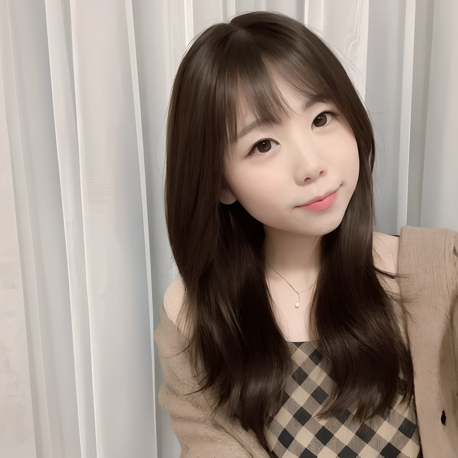 highest quality, masterpiece, 8K, ultra high resolution, (realistic: 1.4), beautiful face, symmetrical eyes, Japanese, brown hair, smile, wearing makeup, high-definition images, atmospheric perspective, super detail, accurate, best quality, (angle from under the table), a Japanese lady, drooping eyes, sleepy face, blush, in the city, busy, skyscrapers, skirt, high boots, necklace, restaurant with large windows, takes a seat, (other customers), night scene, windows have harbor view, foods,
